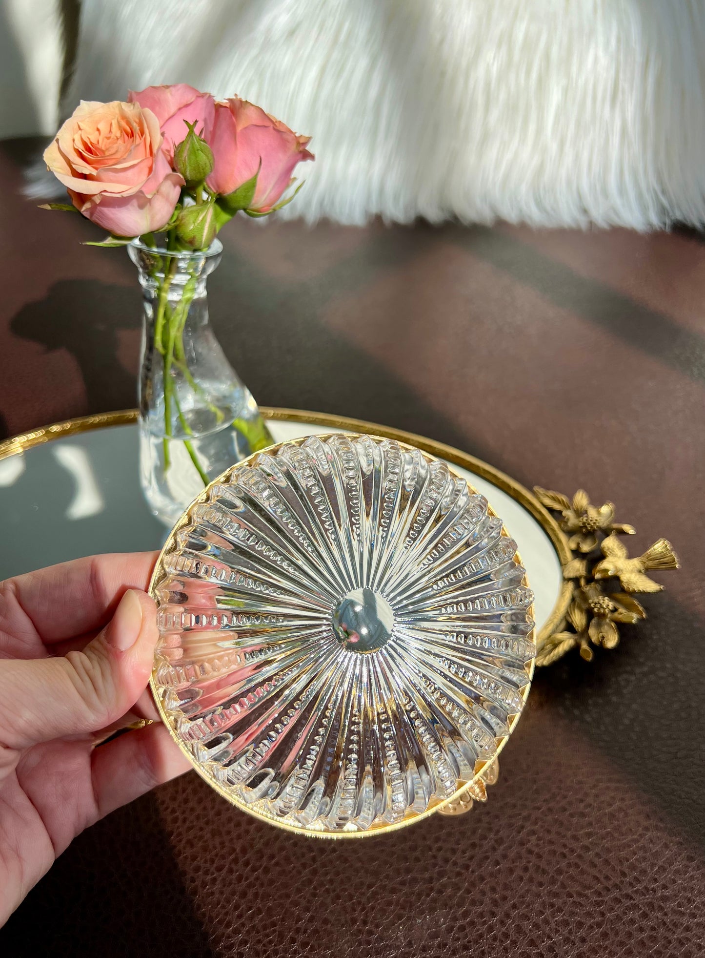 French Cut Crystal Glass Vintage Trinket Dish with Gilt Rim and Butterfly