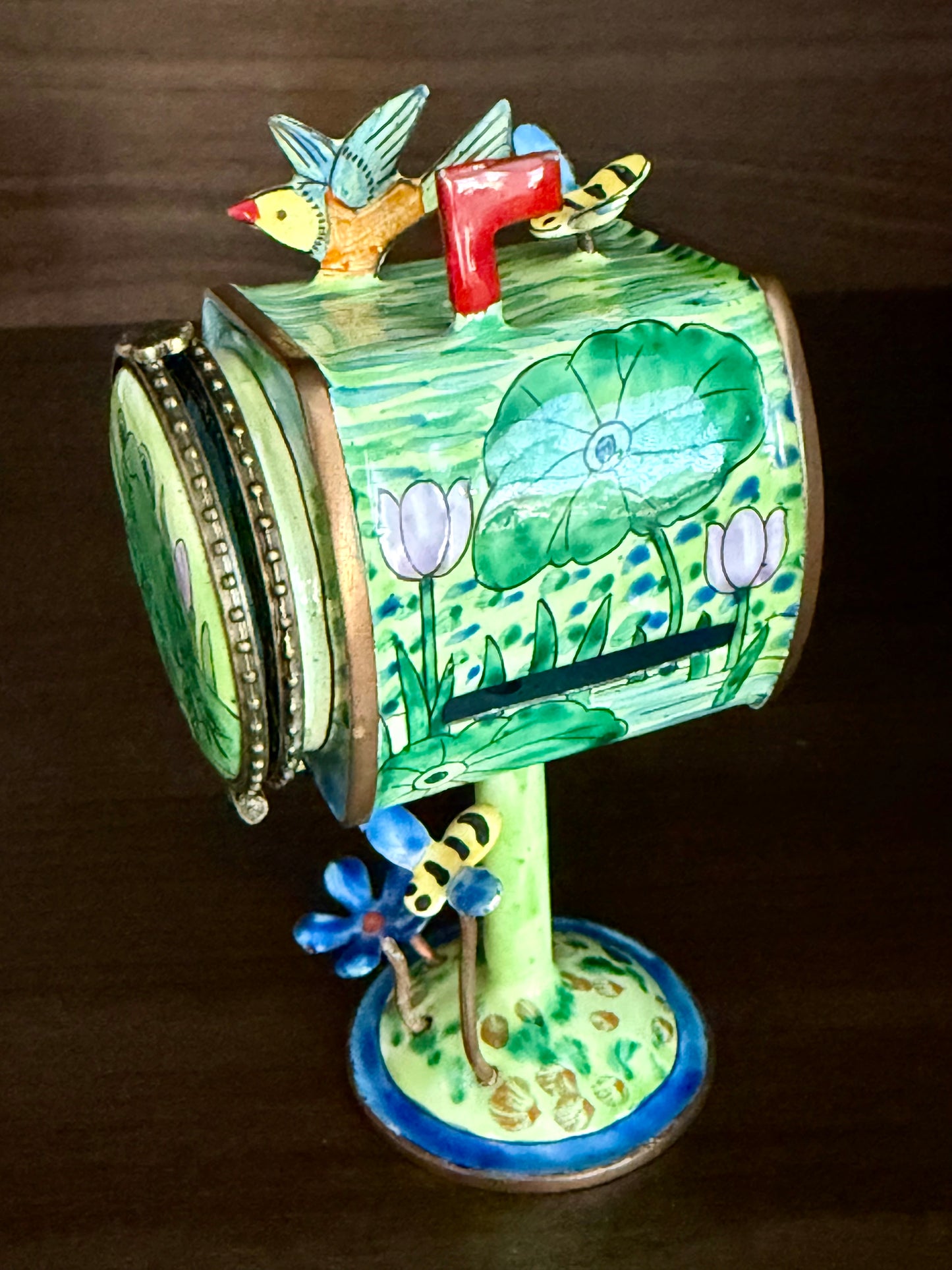 Vintage Hand-Painted Enamel on Copper Miniature Kelvin Chen Mailbox, Trinket Box and Stamps Holder - Numbered