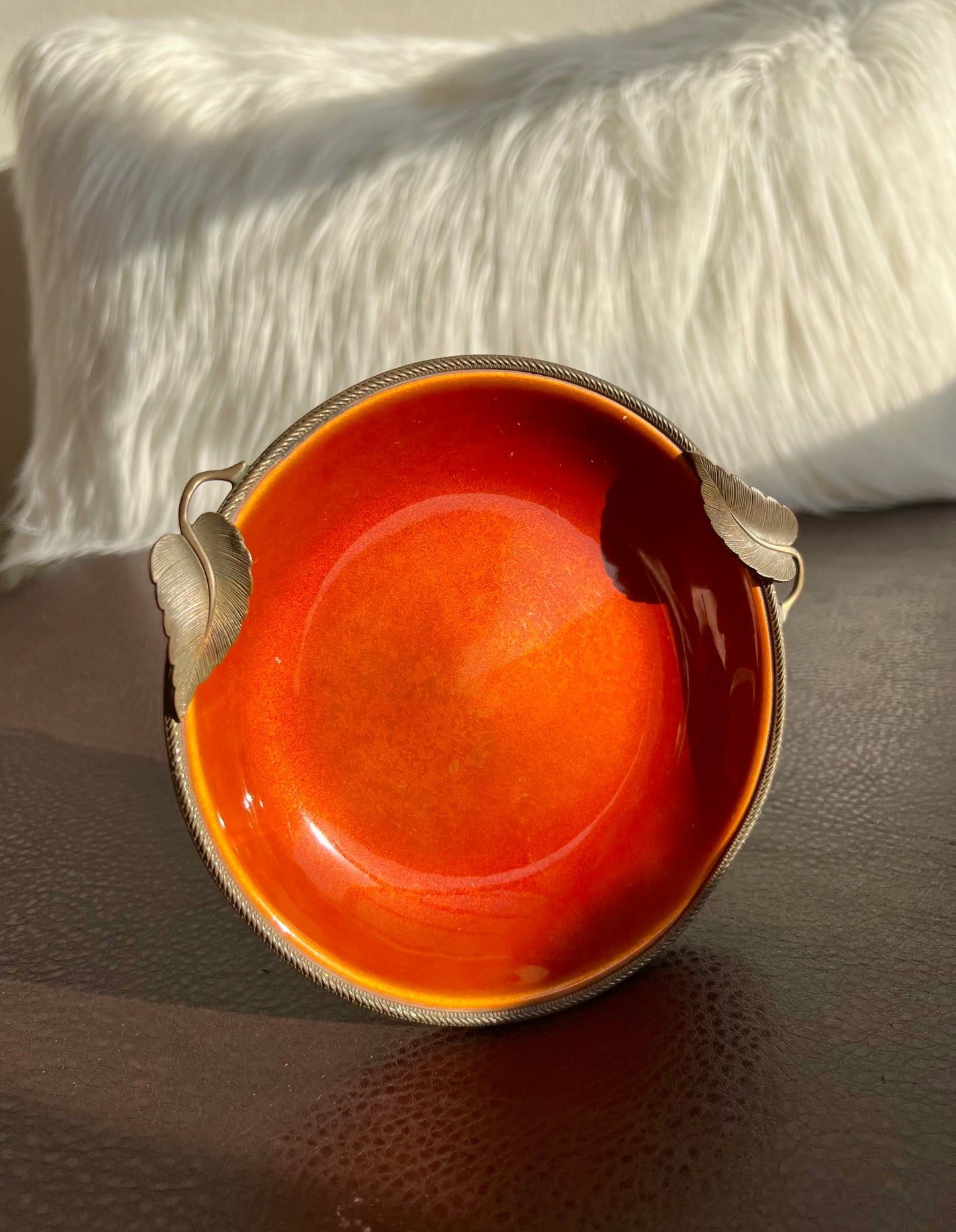 1980s Vintage Orange Round Enamel on Metal Dish or Jewelry Tray by Evans