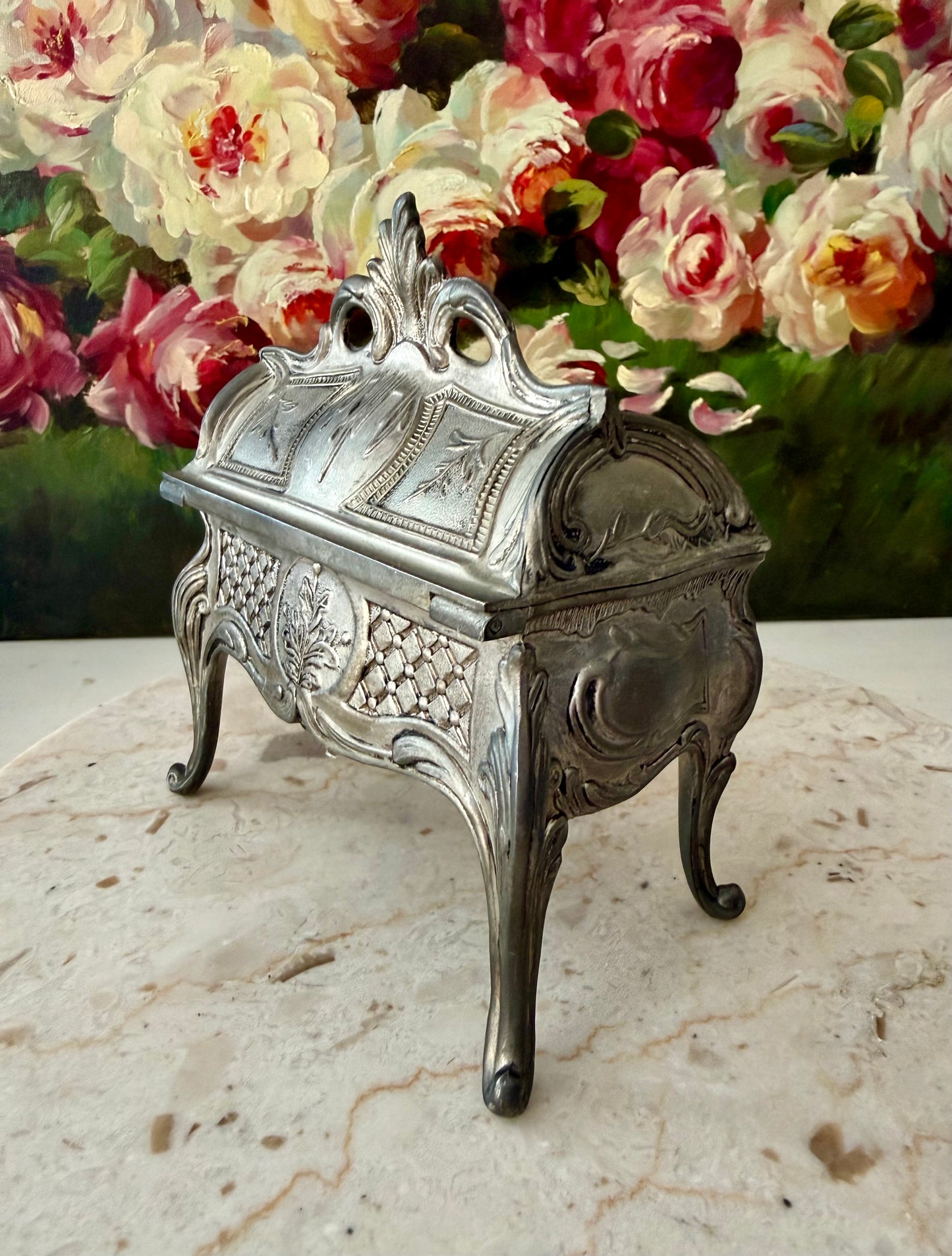 Antique Art Nouveau French Style Silver Plated Jewelry Casket Velvet Lined Romantic Trinket Box
