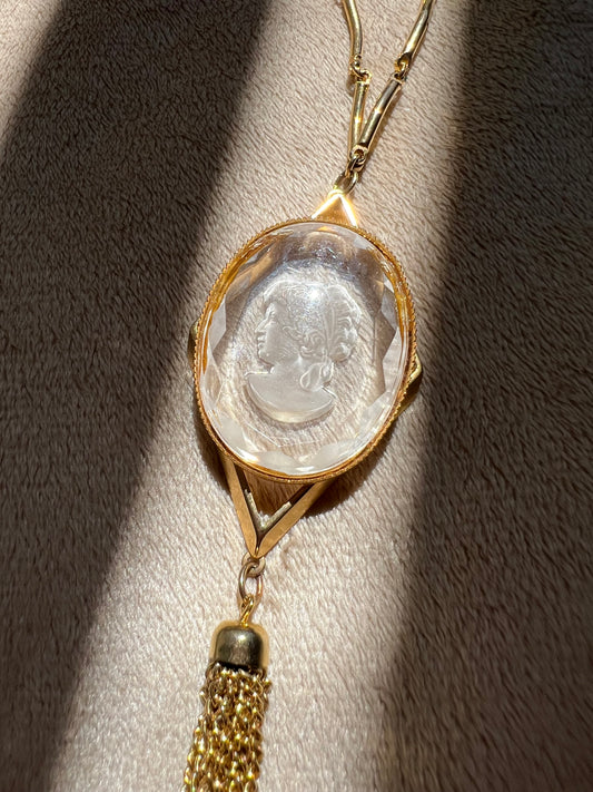 Gold tone glass Intaglio cameo pendant vintage necklace