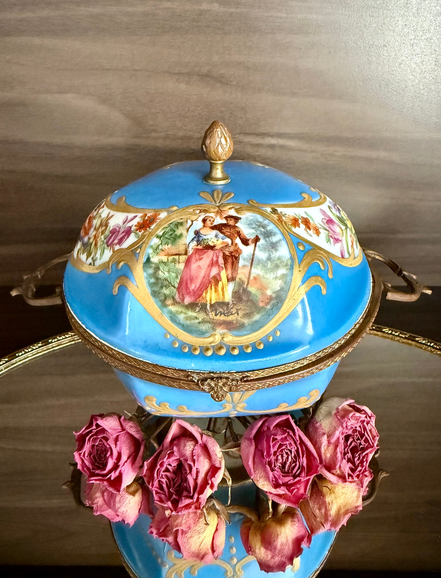 Antique Capodimonte Footed Hand Painted Blue Porcelain Dresser Box, Made In France