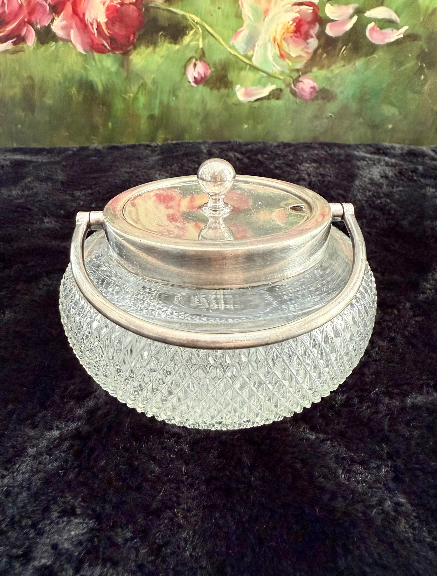 Antique Silver-Plated William Hutton & Sons British Cut Glass Biscuit Jar or Candy Holder with Lid and Handle