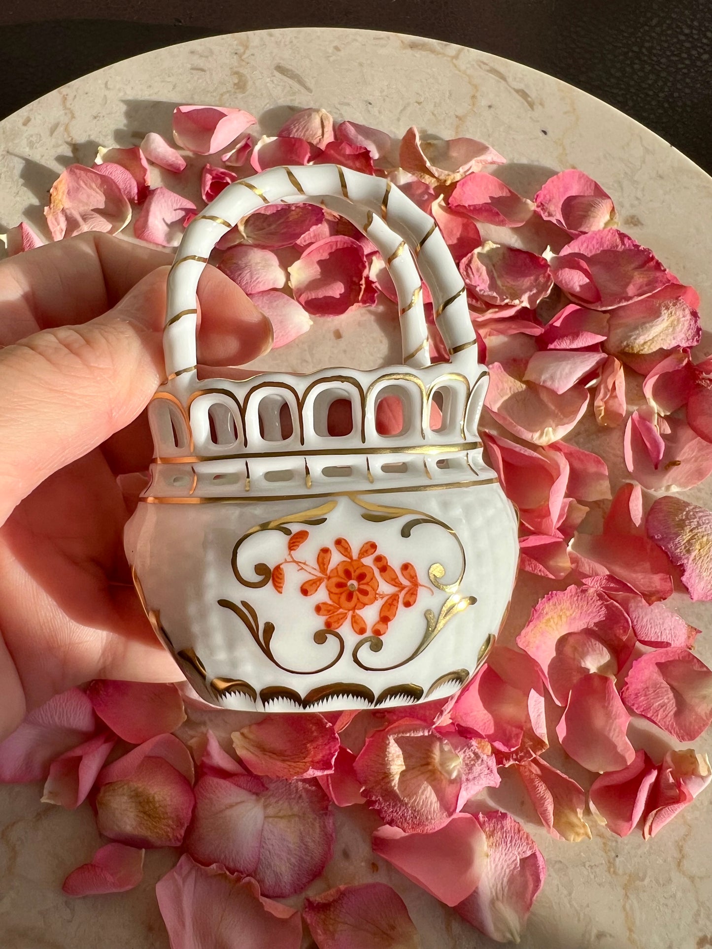 Herend Chinese Rust/ Orange Bouquet Reticulated Mini Porcelain Basket with Handle - Made in Hungary