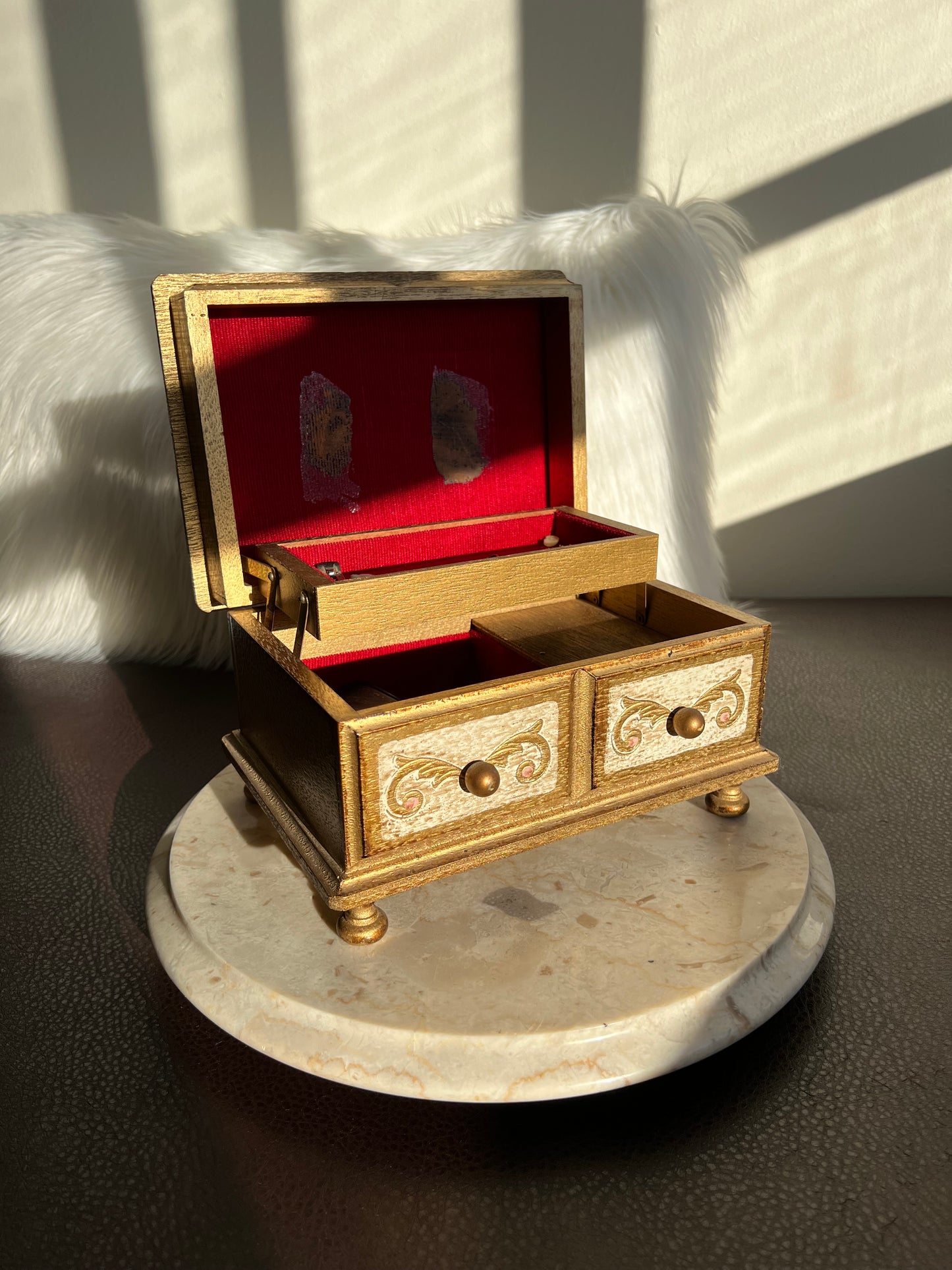 Italian Florentine Vintage Gold Gilt Wood Music and Jewelry Box, Burgundy Red Lining Interior, Footed