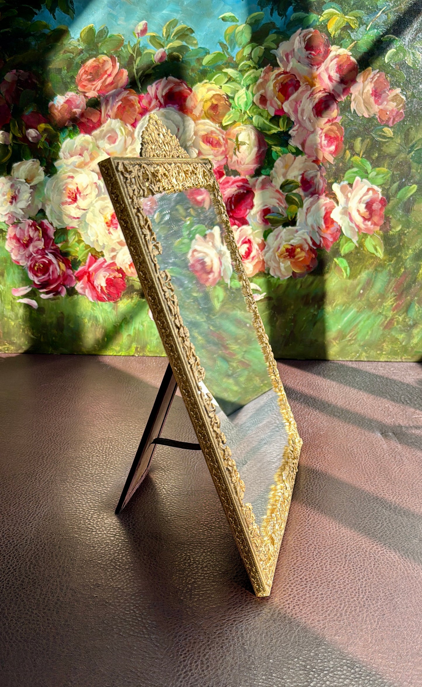 Antique/ Vintage French Victorian Style Gold-gilded Brass Framed Wall or Table Mirror with Flowers Decoration on the Frame