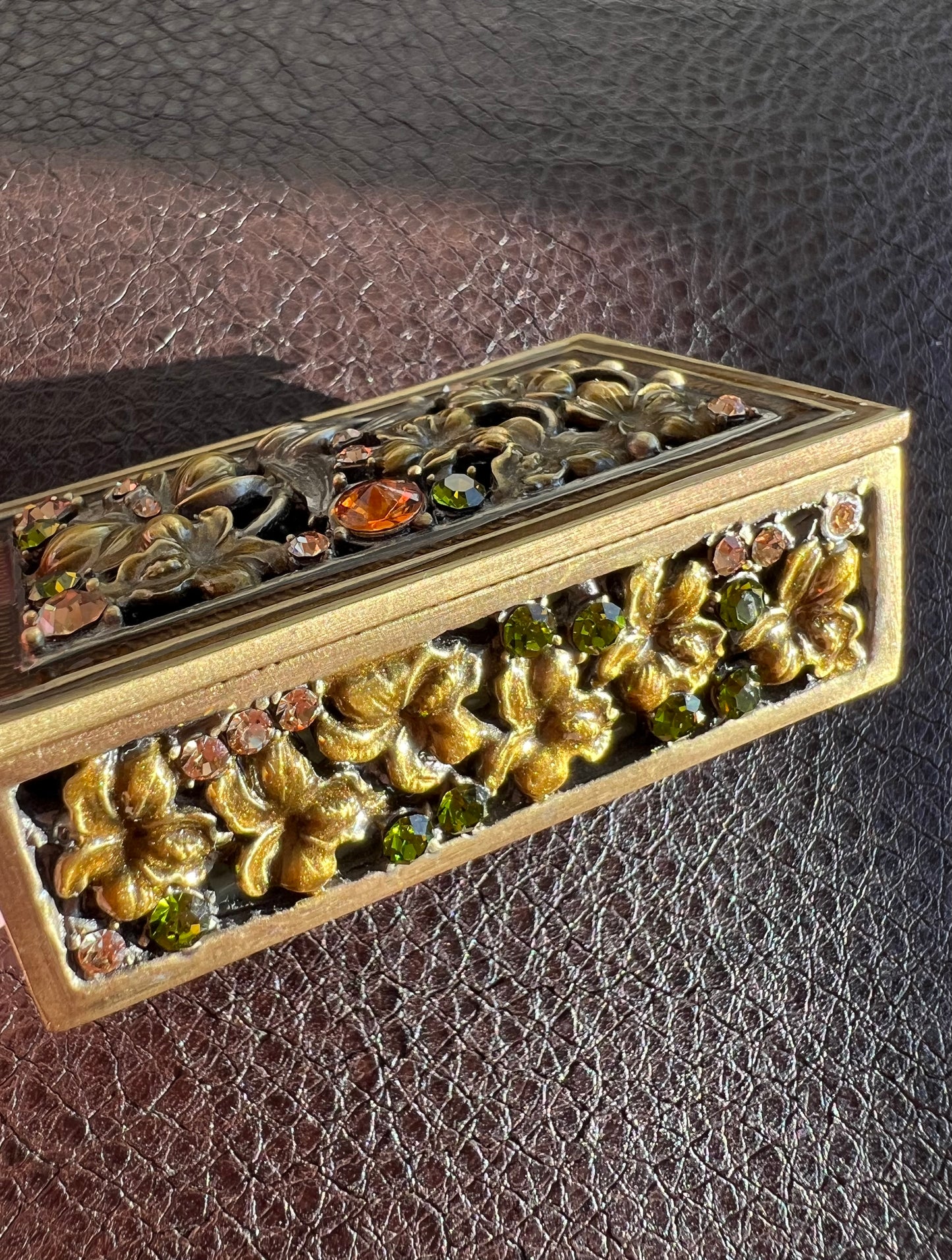 Enameled Vintage Metal Jewelry/ Trinket Box with Colorful Rhinestone Jewels