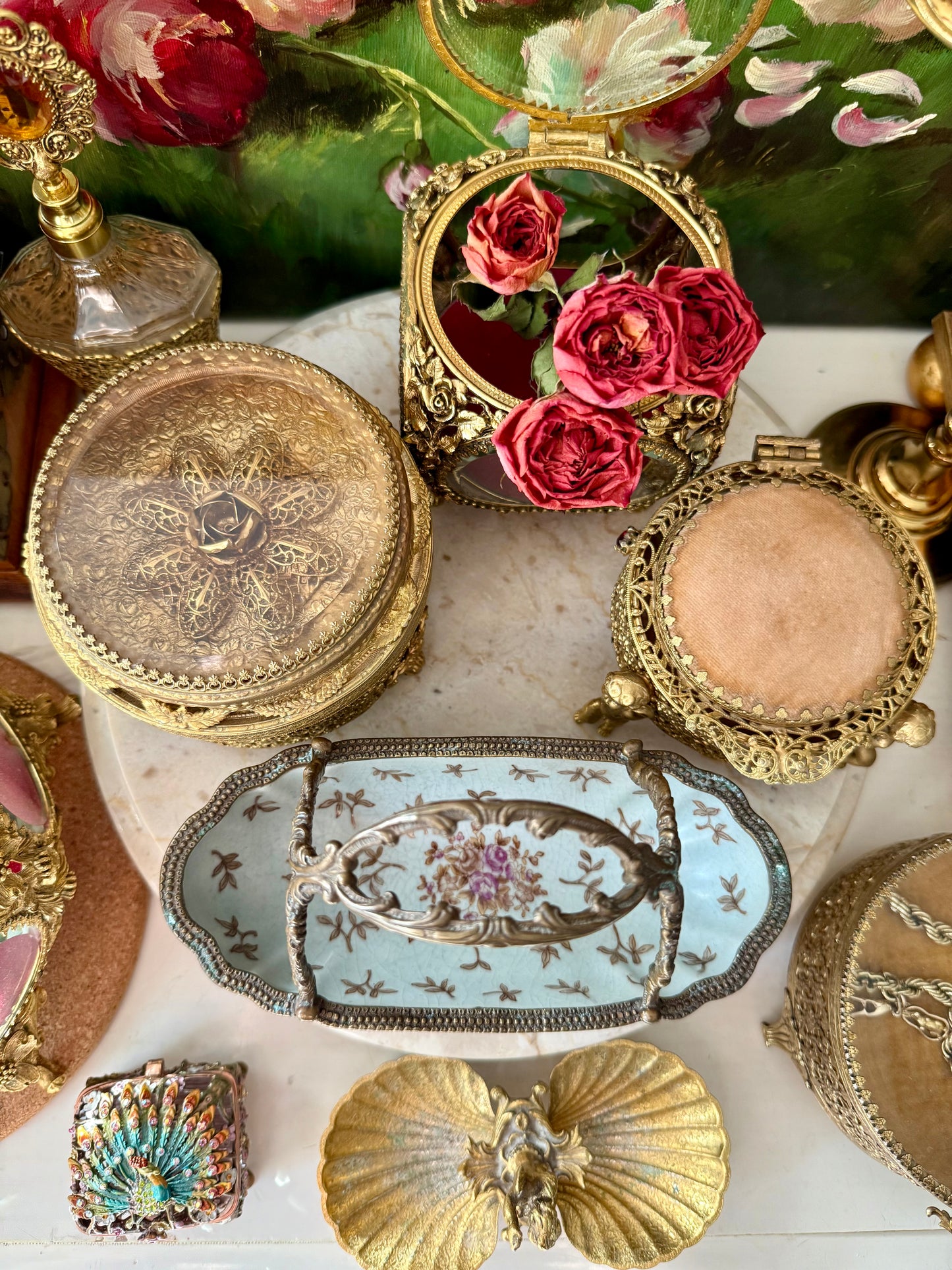 Antique-Looking Art Nouveau Style Porcelain Floral Crackle Glazed Footed Basket Trinket Dish with Bronze Handle