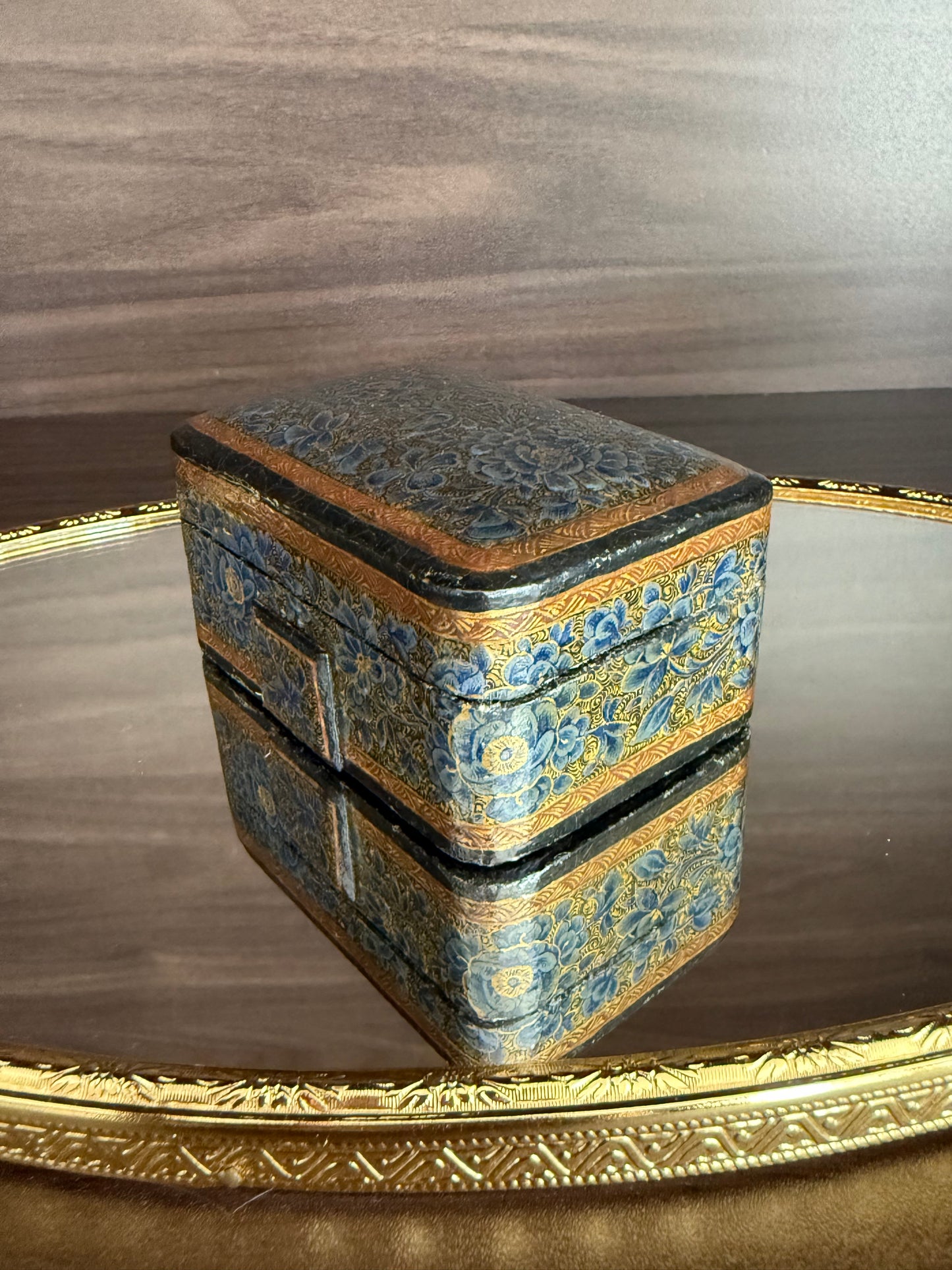 Beautiful Vintage Blue and Gold Hand-Painted Wooden Kashmir Papier-Maché Ring Holder or Jewelry Box