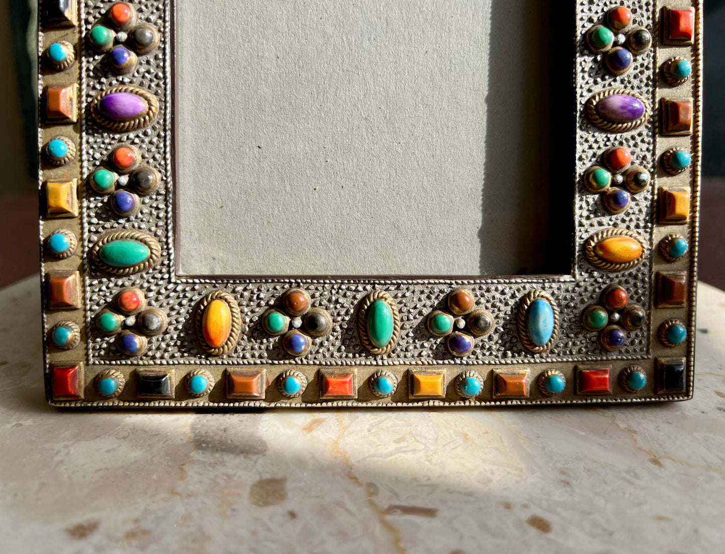 Antique Look Ornate Colorful Semi-Precious Stones in a Vintage Photo Frame from the 80, or 90s