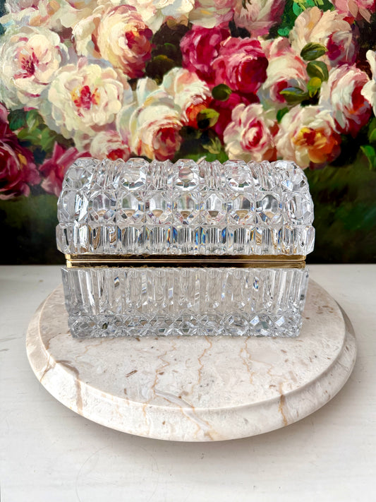 1960s Baccarat Style Heavy Cut Crystal Large Lidded Vintage Jewelry or Trinket Box/ Casket with Brass Frame