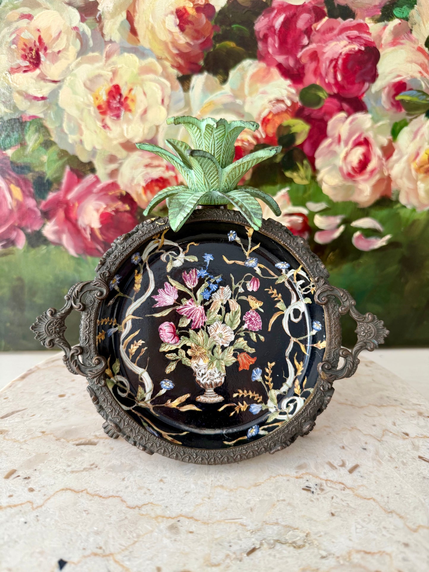 Antique Porcelain Chinese Hua Rong Tang Zhi Bronze Footed, Enameled Hand-Painted Flowers Trinket or Soap Dish, Ornate Tray