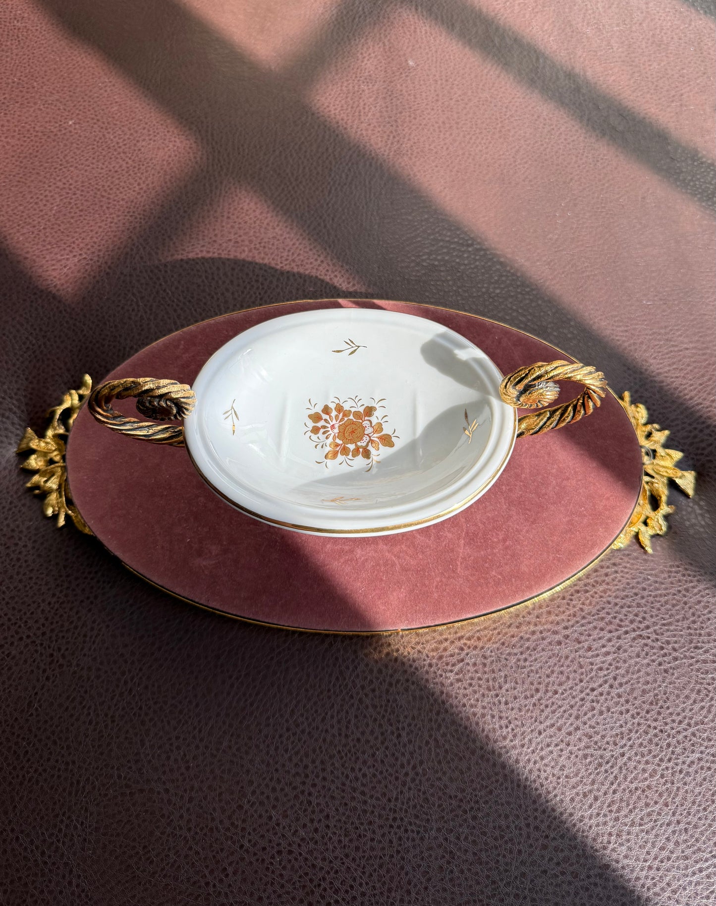 Vintage Victorian Style Porcelain Oval Soap Dish with Gilded Brass Handles