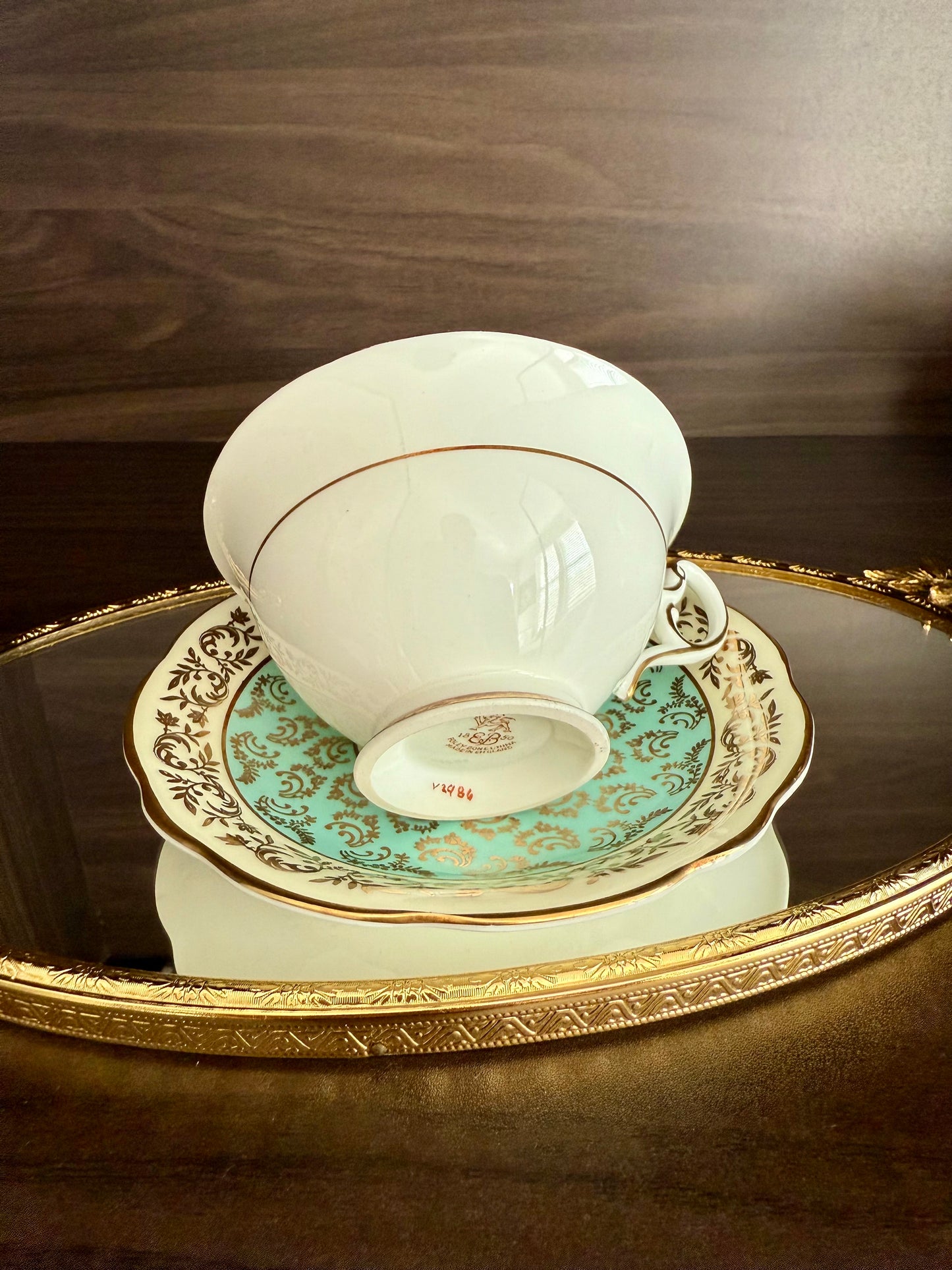 1950s Paragon Fine Bone China Vintage Aqua Green, Gold and Floral Porcelain Tea Cup and Saucer Set, Made in England