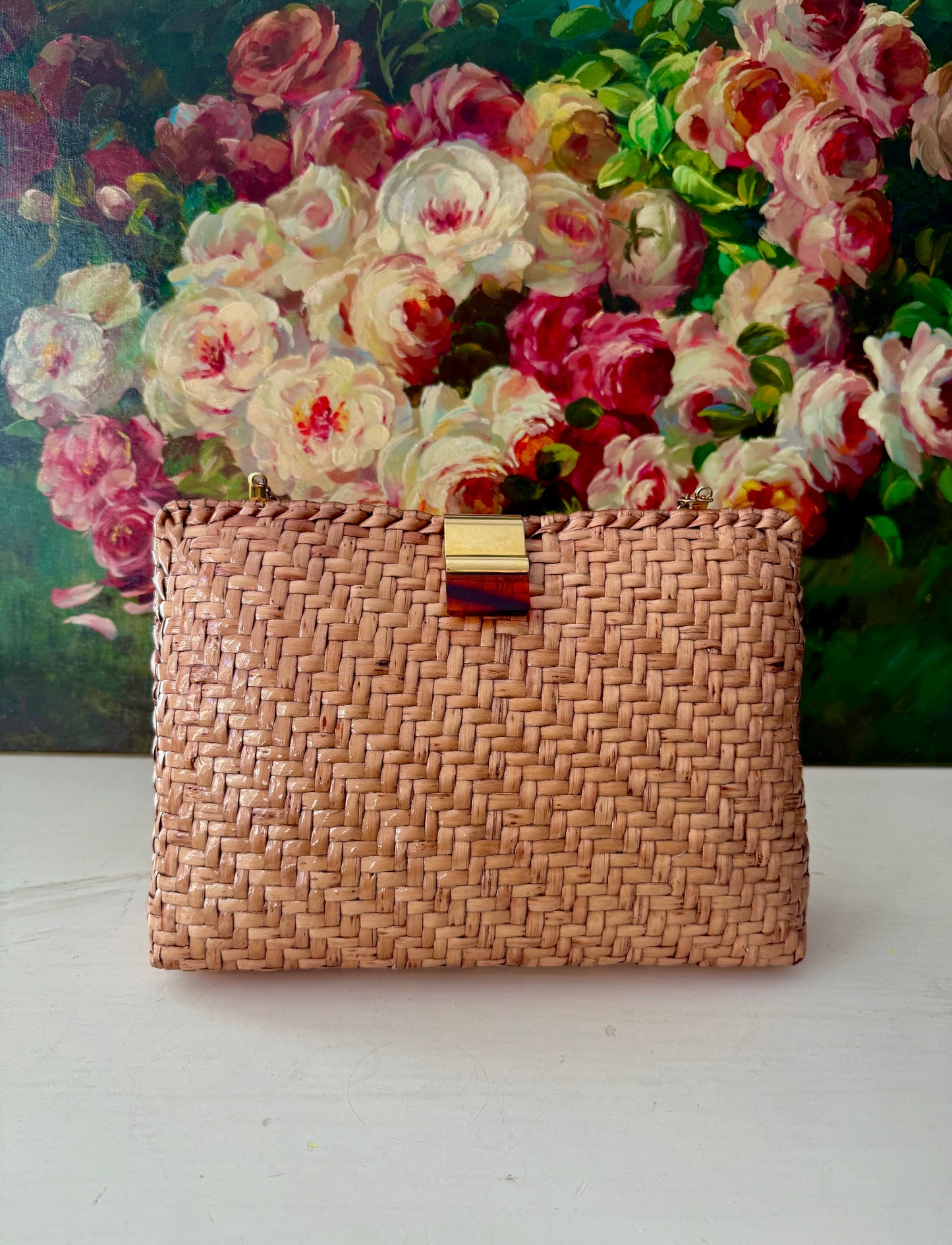 Vintage RODO Italian Style Glazed Wicker Purse or Clutch with Chain Shoulder Strap