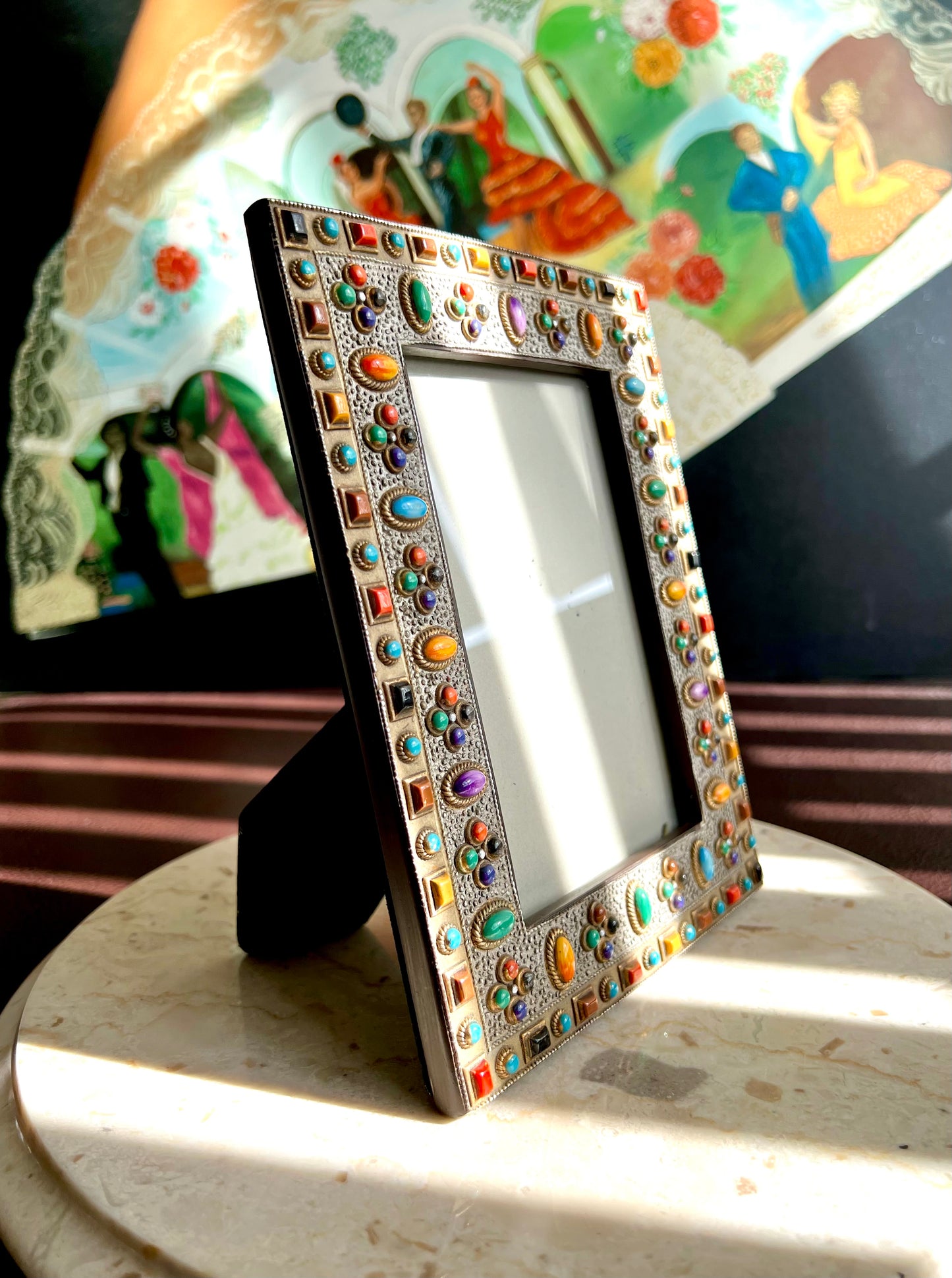 Antique Look Ornate Colorful Semi-Precious Stones in a Vintage Photo Frame from the 80, or 90s