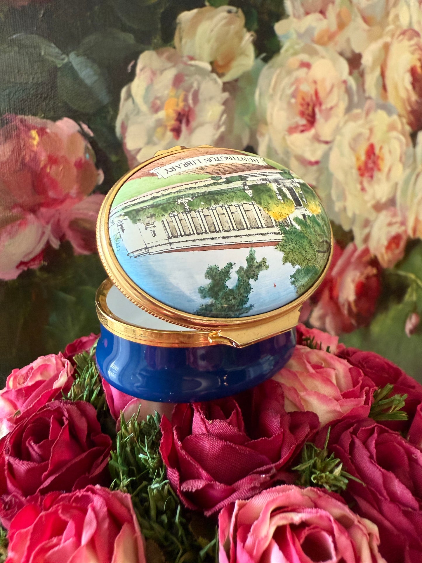 1992 Halcyon Days Enameled Hand-painted Vintage Trinket or Pill Box, with Huntington Library mark on top - Made in England