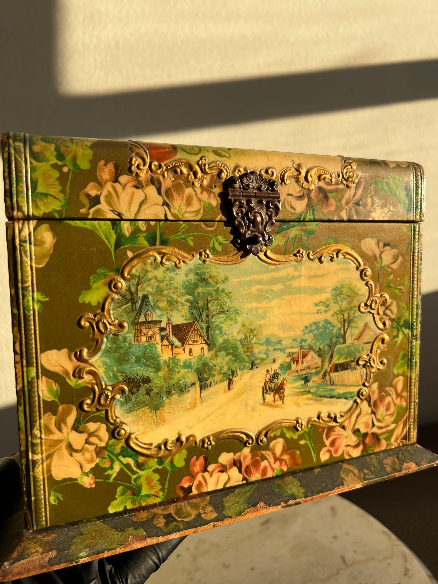 Antique Wooden Decorative Wallpaper Covered Recipe or Trinket Box with Floral Motif and Gilded Painting Design