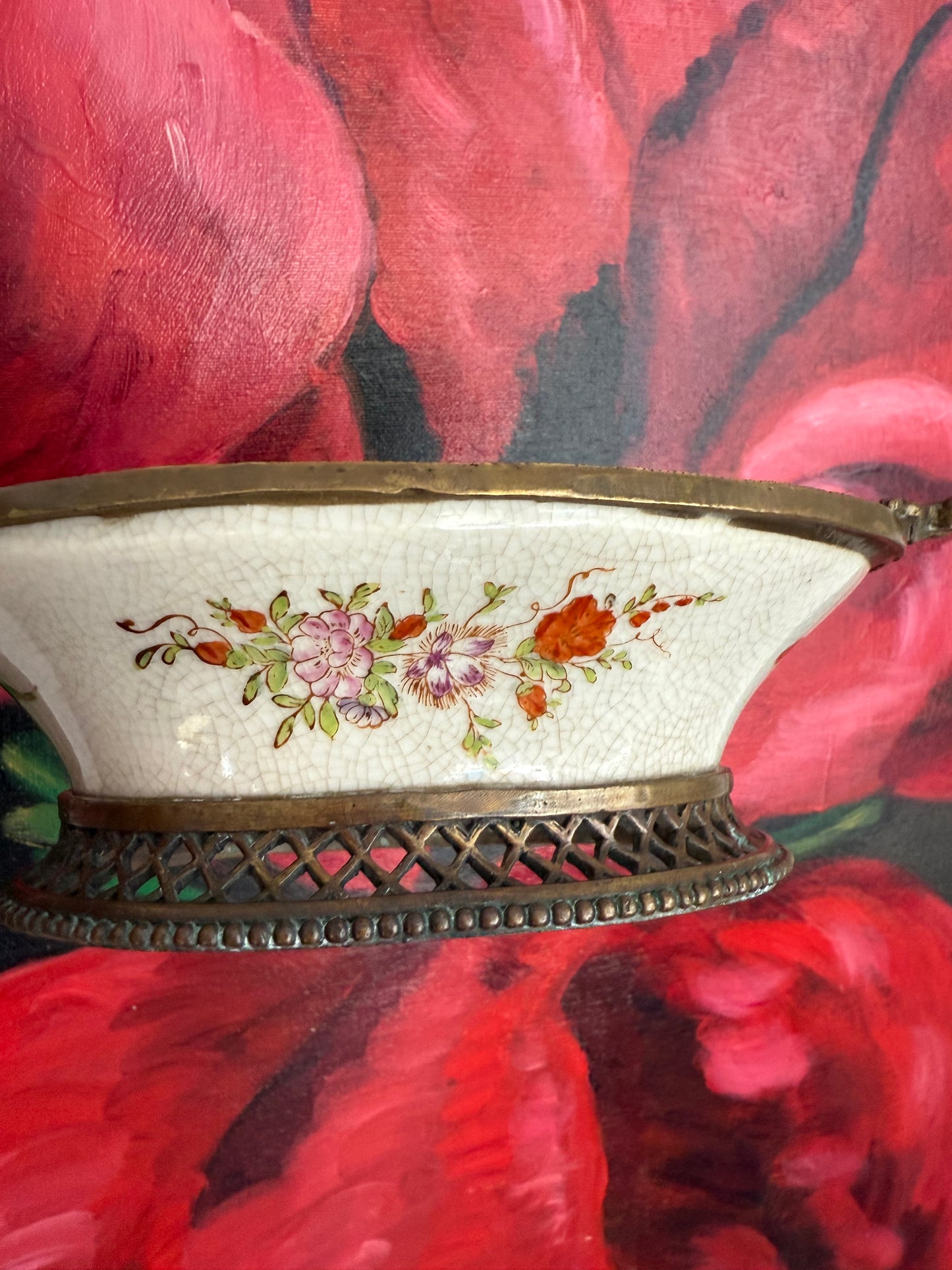 Vintage Floral Roses Motif Porcelain Oval Soap Dish with Brass Feet and Twin Handles