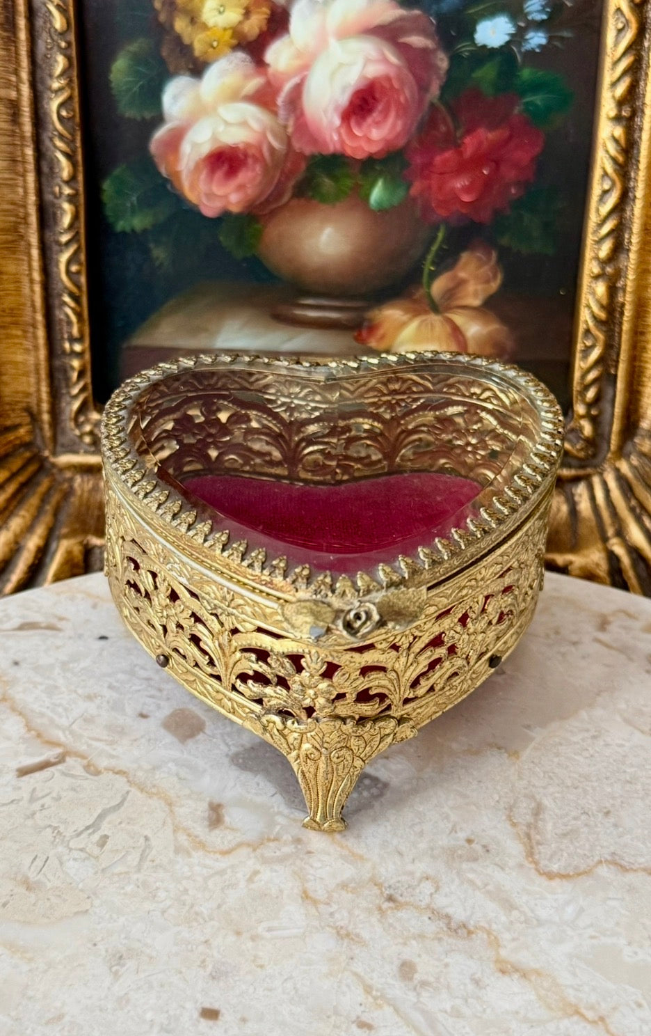 Antique French Style Gold-plated Ormolu Filigree Heart-shaped Trinket or Jewelry Box with a Plush Red Velvet Lining