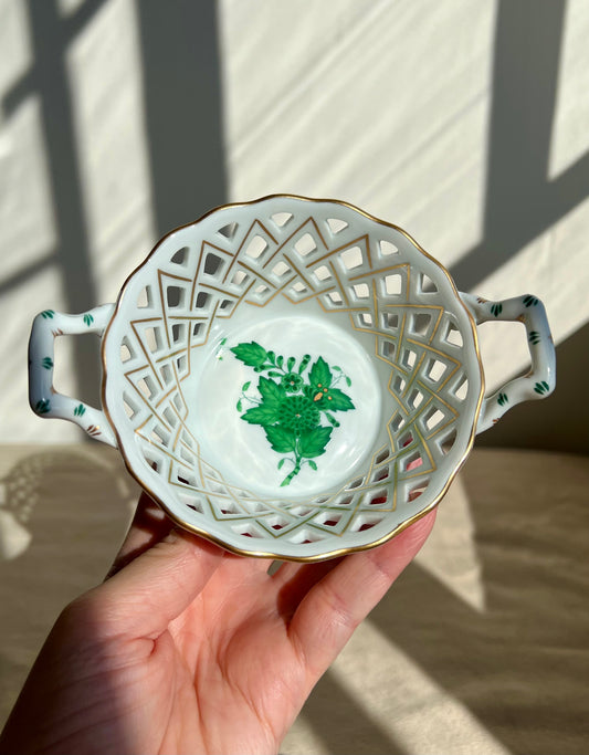 Herend Apponyi Chinese Bouquet Green Porcelain Open Weave Basket with Handles, Made in Hungary