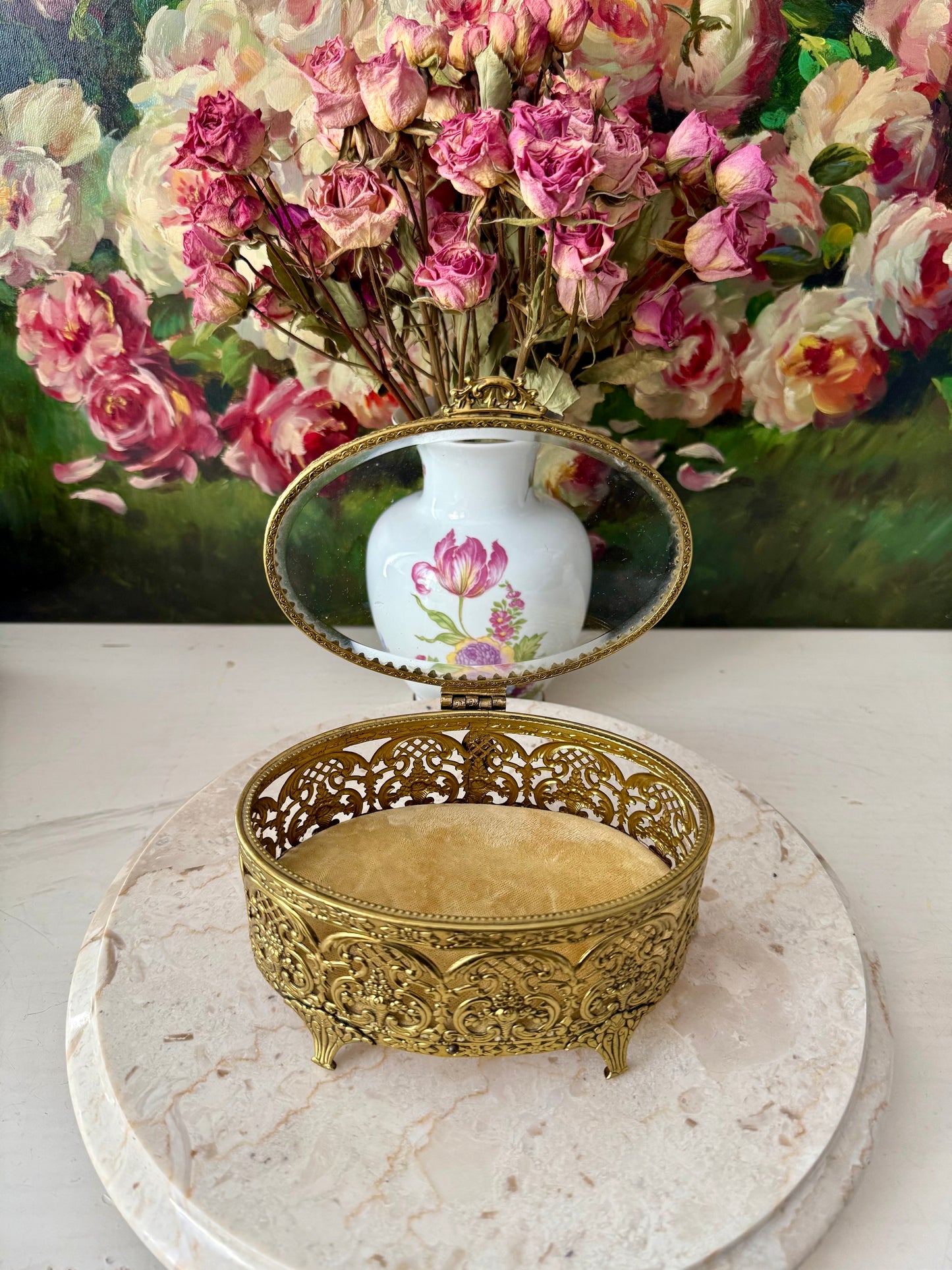 Matson Style Vintage Gold-plated and Glass Hollywood Regency Oval Ormolu Brass Jewelry/ Trinket Box