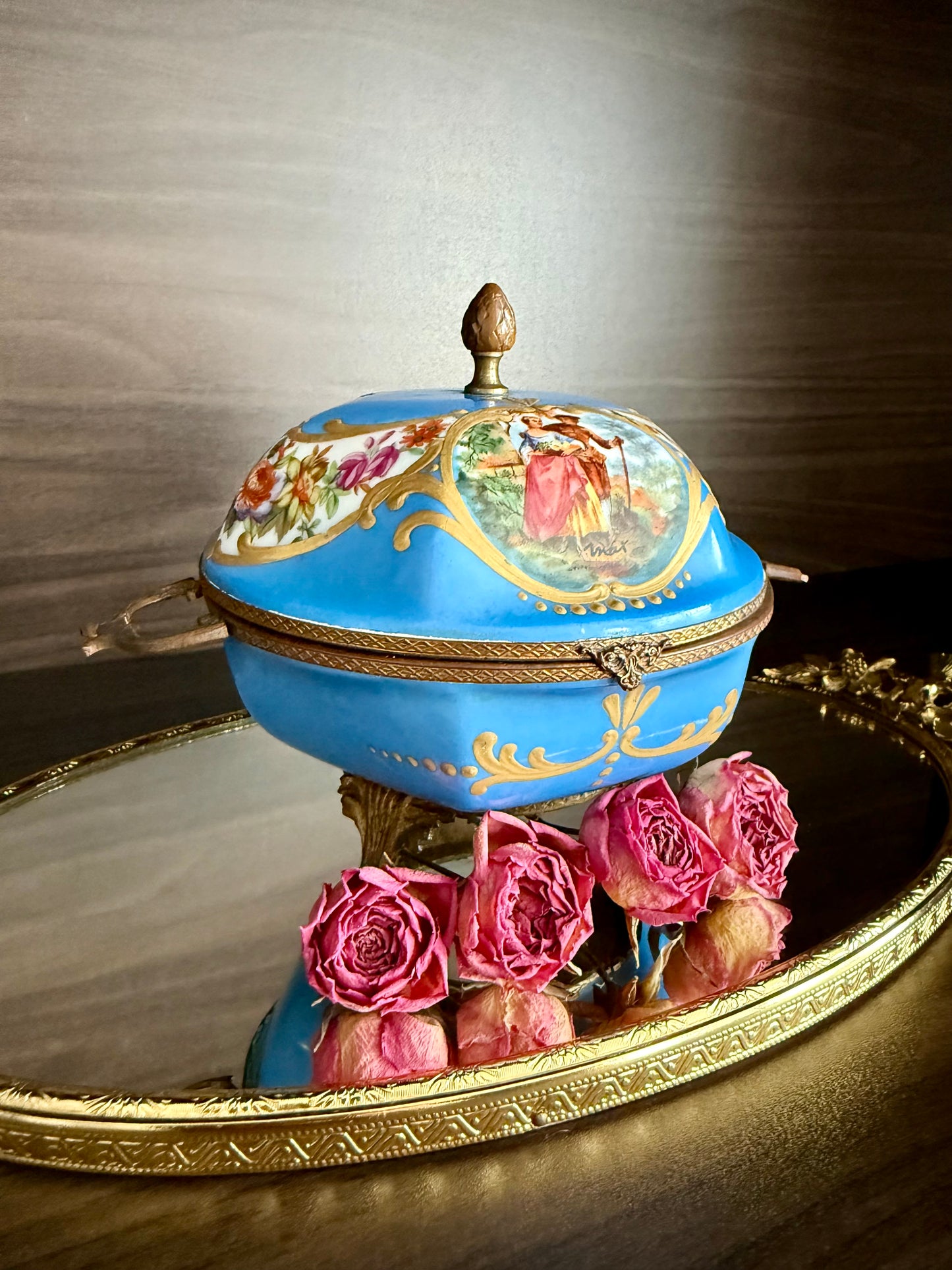Antique Capodimonte Footed Hand Painted Blue Porcelain Dresser Box, Made In France