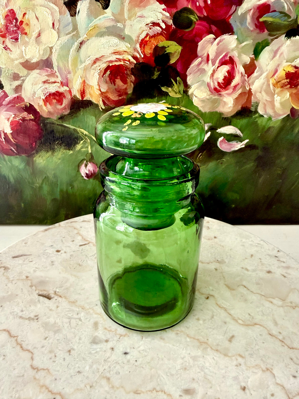 Emerald Green Vintage Belgium Apothecary Jar Glass with Handmade Floral Painting on the Bubble Top Lid