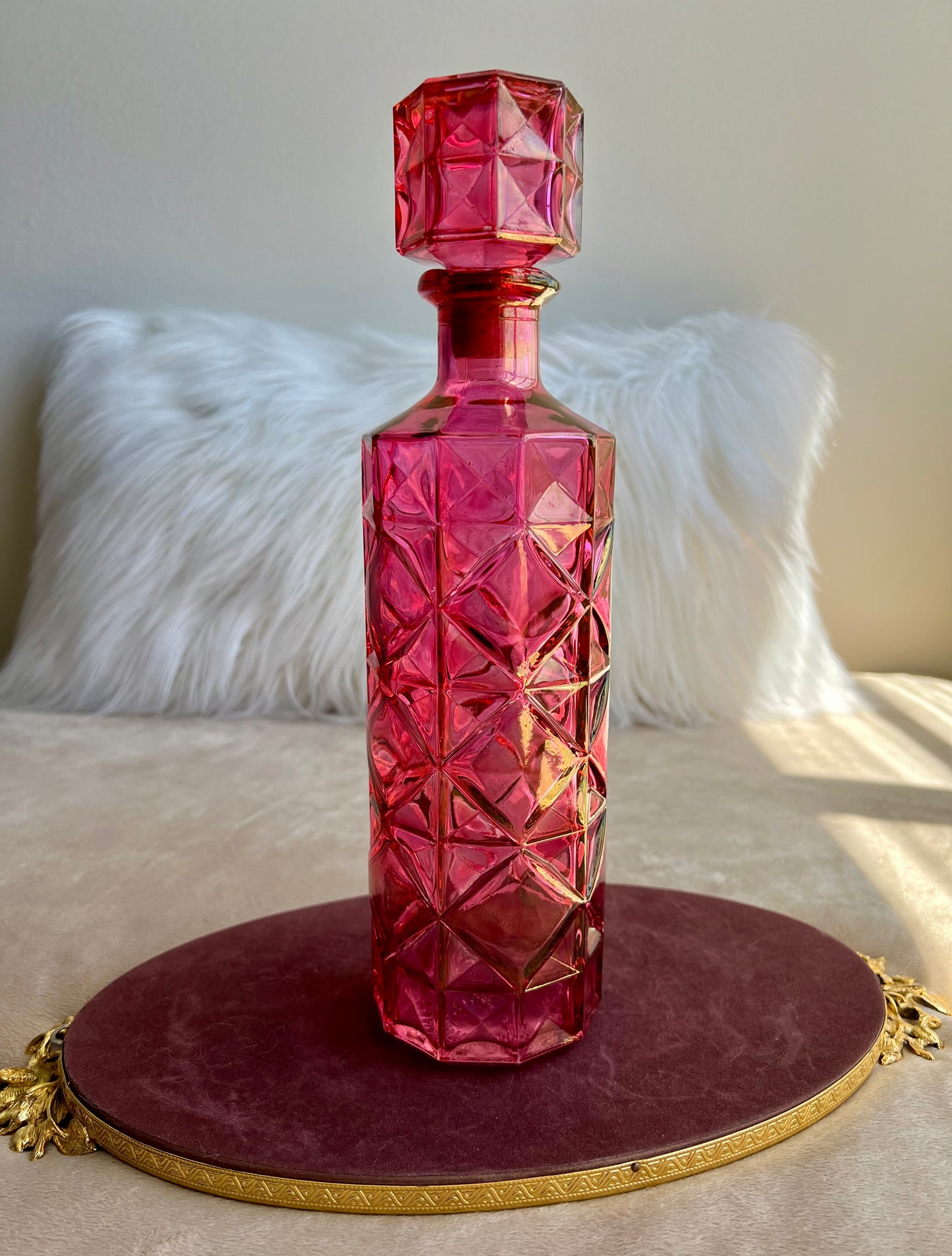 Vintage Pink Diamond Pressed Glass Liquor Bottle Decanter With Stopper