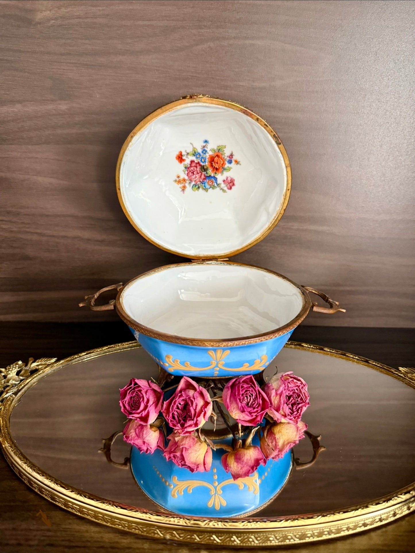 Antique Capodimonte Footed Hand Painted Blue Porcelain Dresser Box, Made In France
