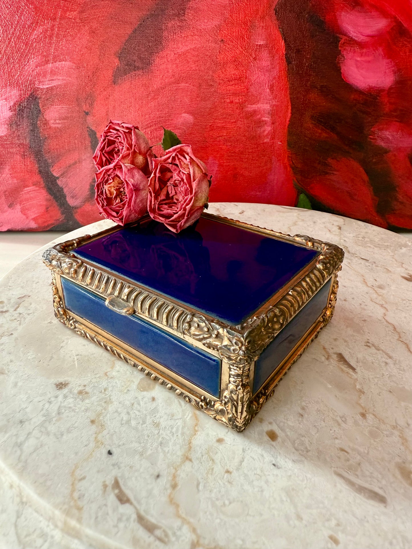 Royal Bovano Italian Style Cobalt Blue Enamel Vintage Cigarette Case or Jewelry Box from the 1950s or 1960s