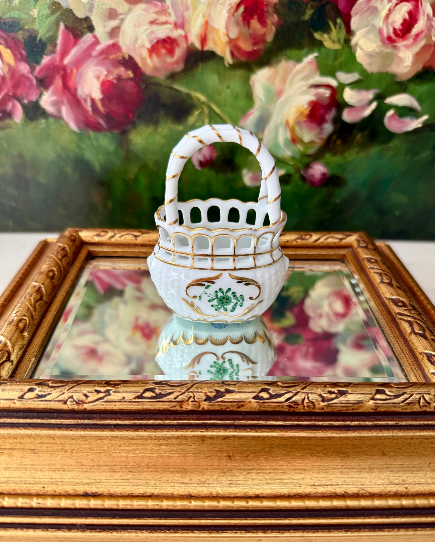 Herend Hungarian Vintage Mini Porcelain Basket with Handle - Made in Hungary