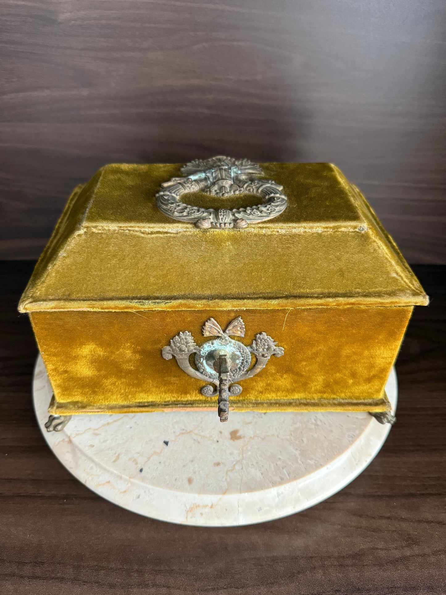Antique Victorian Jewelry Box “Boudoir” or Sewing Box in Mustard/ Golden/ Green Velvet, Inside Blue Silk from the Early 20th Century