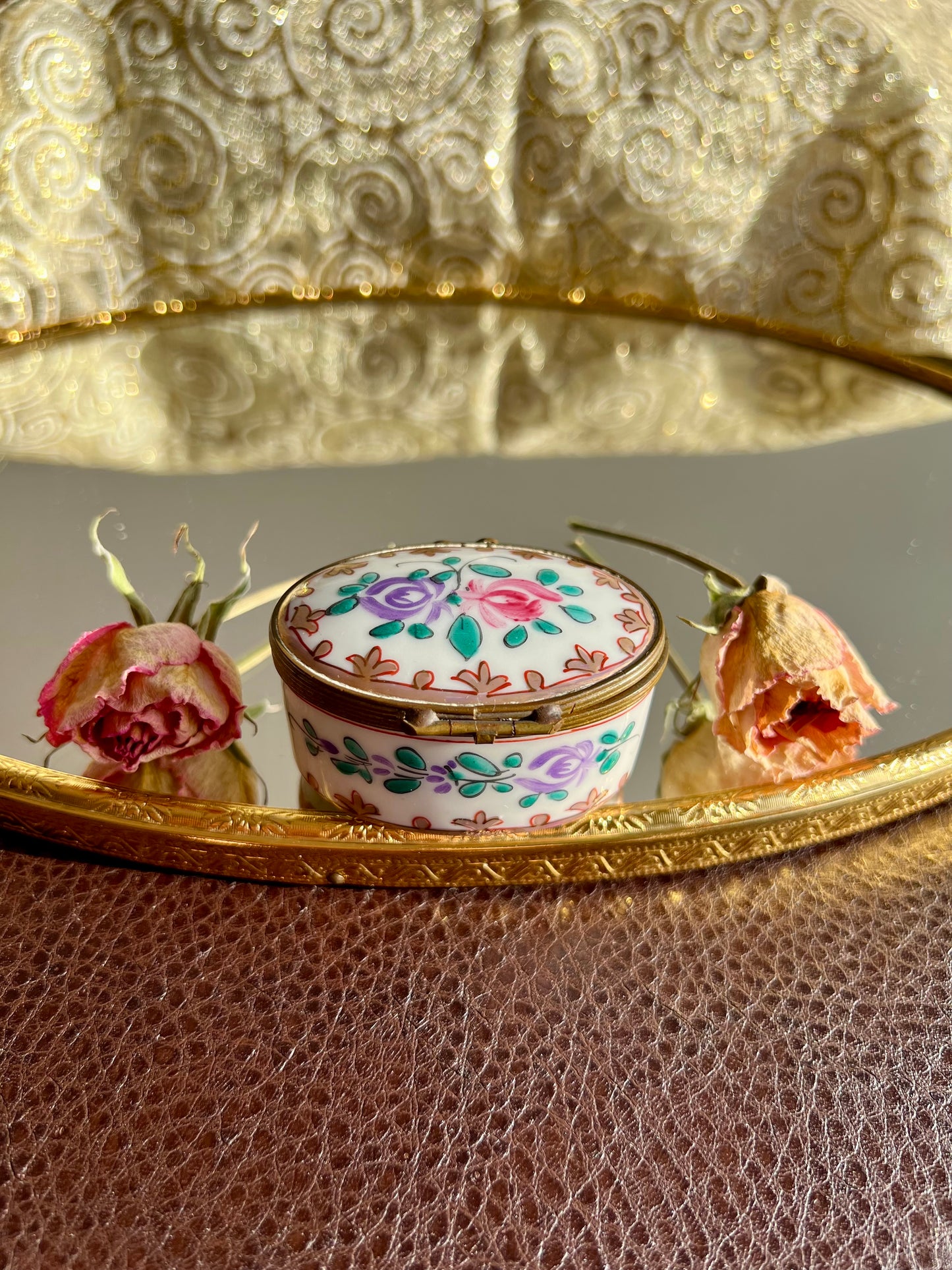 Antique/ Vintage French Oval Porcelain Miniature Jewelry or Pill Box with Decorative Floral Motifs - Double Red LL and ‘Made in France’ Marks on the Bottom