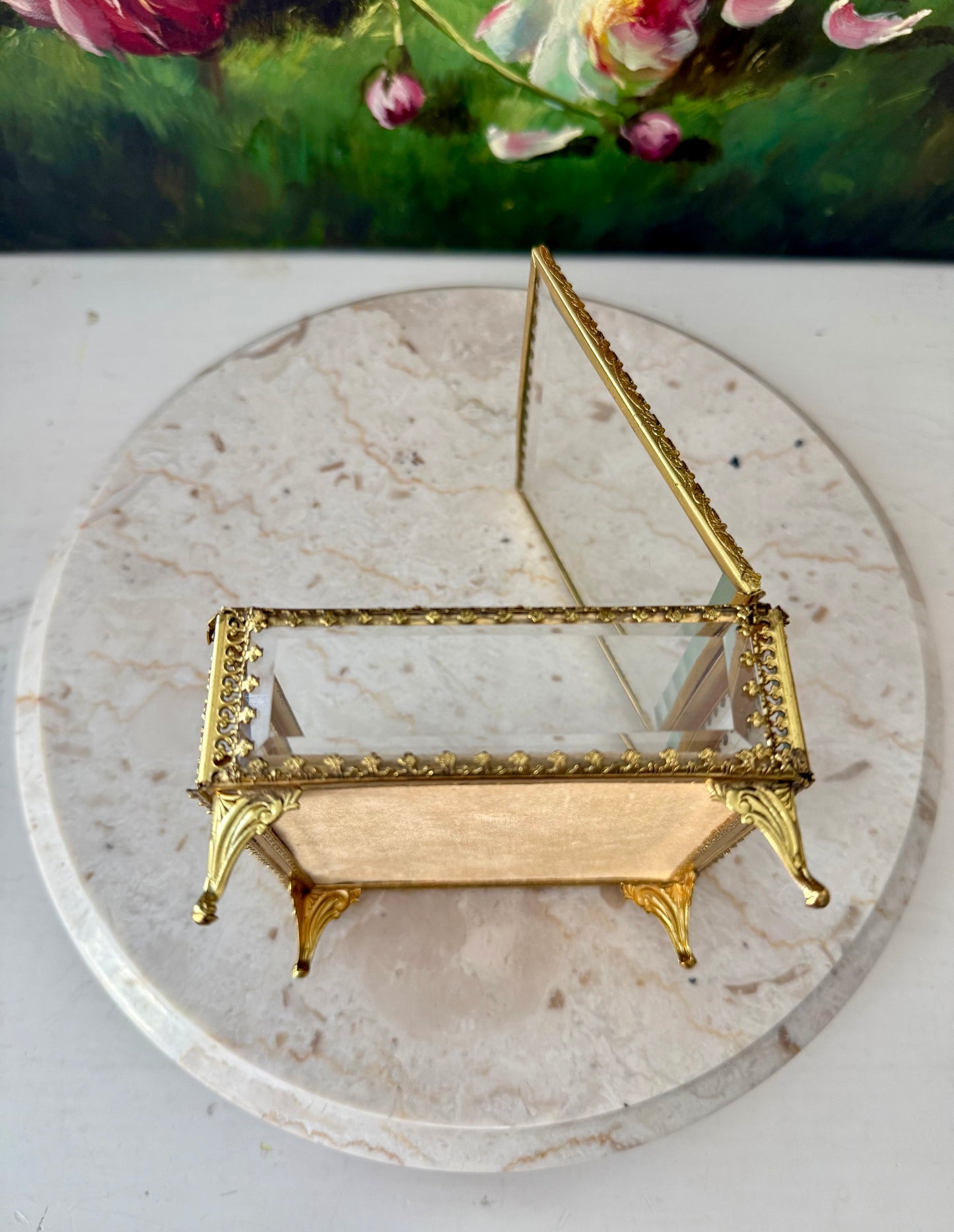 French Style Beveled Glass Vintage Brass Footed Jewelry Casket or Trinket Box from the 1950s