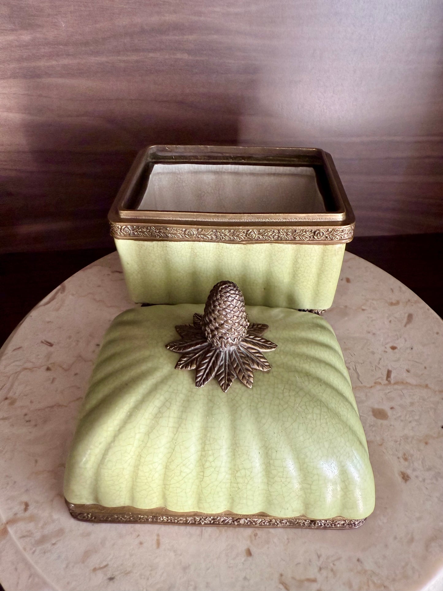 Vintage Porcelain Trinket Dish or Jewelry Box in a Glossy Crackle finish & Bronze Trims on four Legs