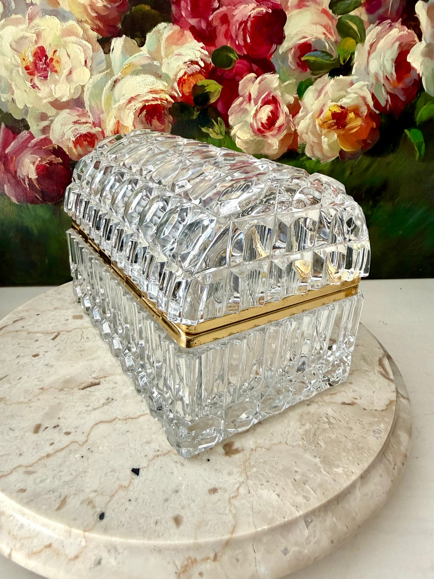 1960s Baccarat Style Heavy Cut Crystal Large Lidded Vintage Jewelry or Trinket Box/ Casket with Brass Frame