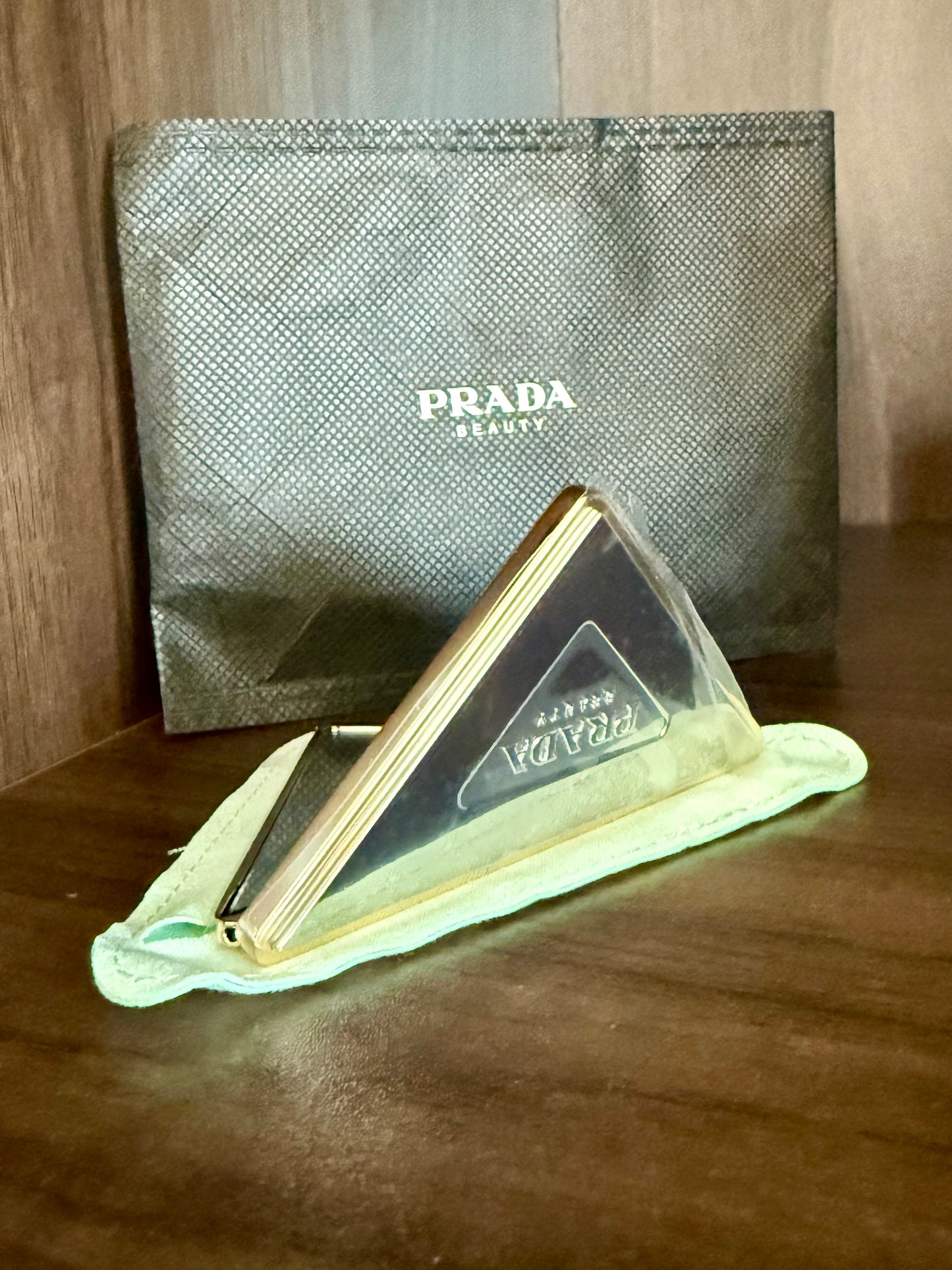 PRADA Beauty Metallic Triangle-shaped Makeup Double Mini Mirror Compact With Pouch Dust Bag - Made in Italy