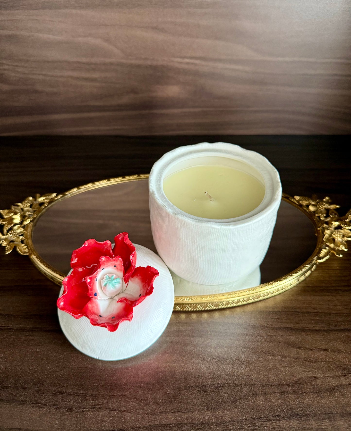“Sweet Red Poppy" Luxury White Ceramic Candle with Lid by Illume