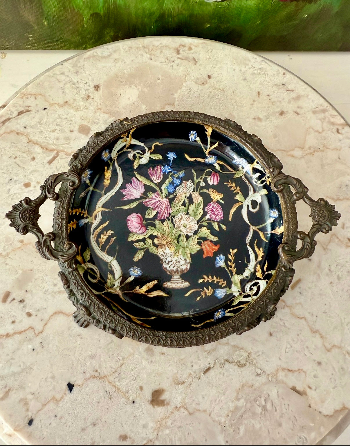 Antique Porcelain Chinese Hua Rong Tang Zhi Bronze Footed, Enameled Hand-Painted Flowers Trinket or Soap Dish, Ornate Tray