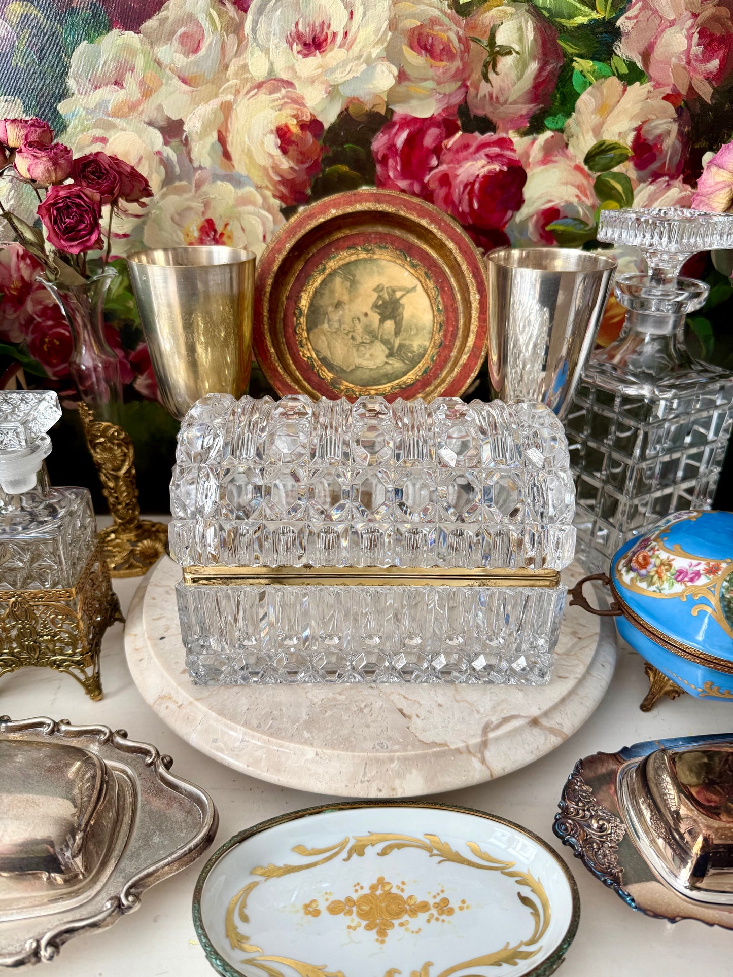 1960s Baccarat Style Heavy Cut Crystal Large Lidded Vintage Jewelry or Trinket Box/ Casket with Brass Frame