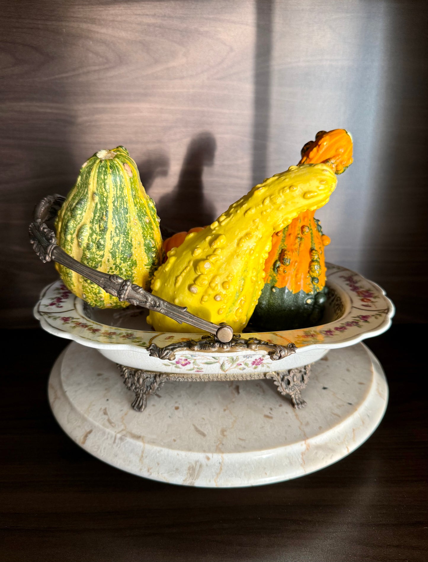 Porcelain Oval Crackle Glazed Vintage Basket Serving Dish with Decorative Bronze Handle, Floral Design and four Legs