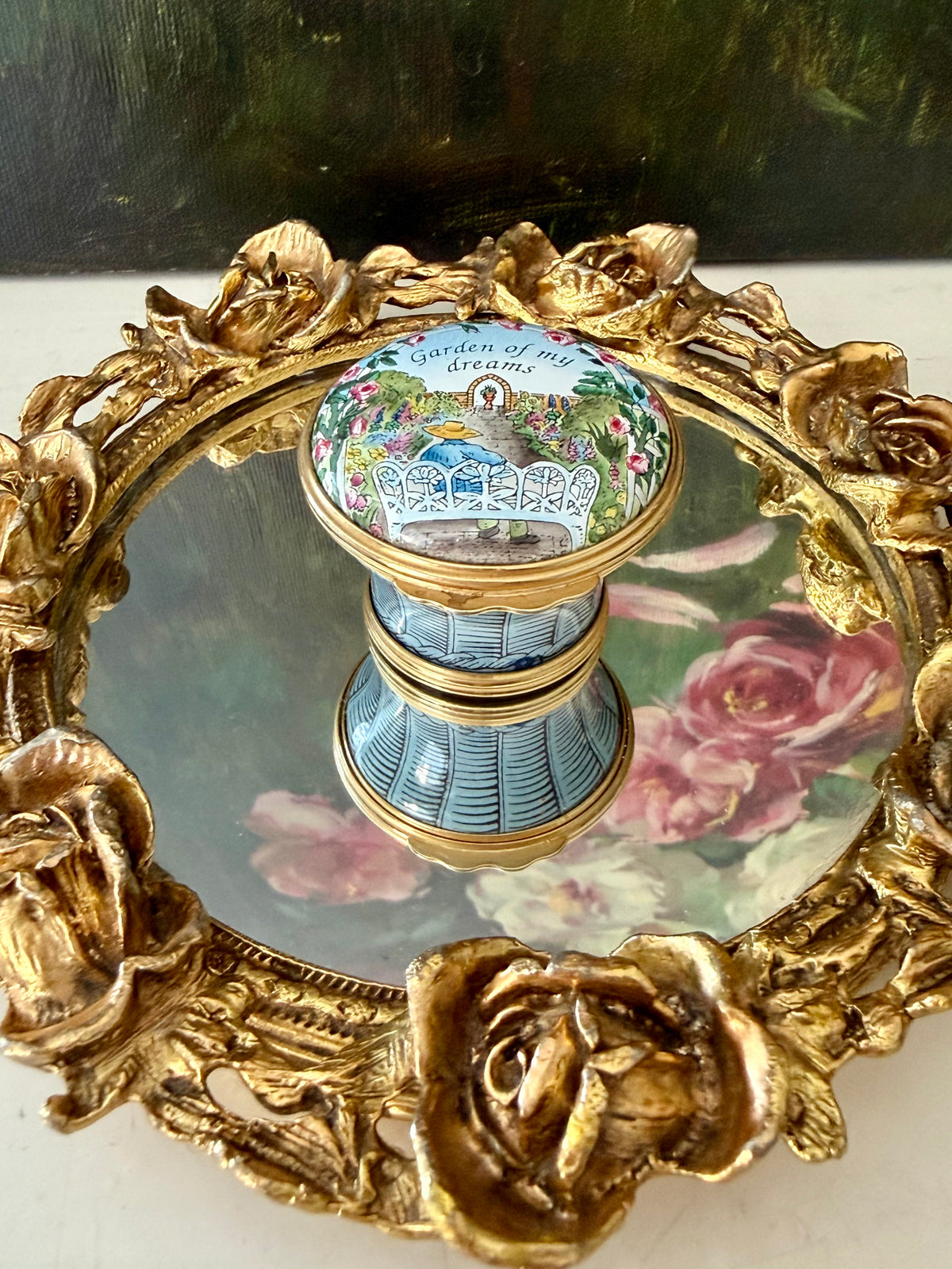 1980s Halcyon Days "GARDEN OF MY DREAMS" Vintage Enamel Trinket Box Bask, Jewelry or Pill Box - Made in England