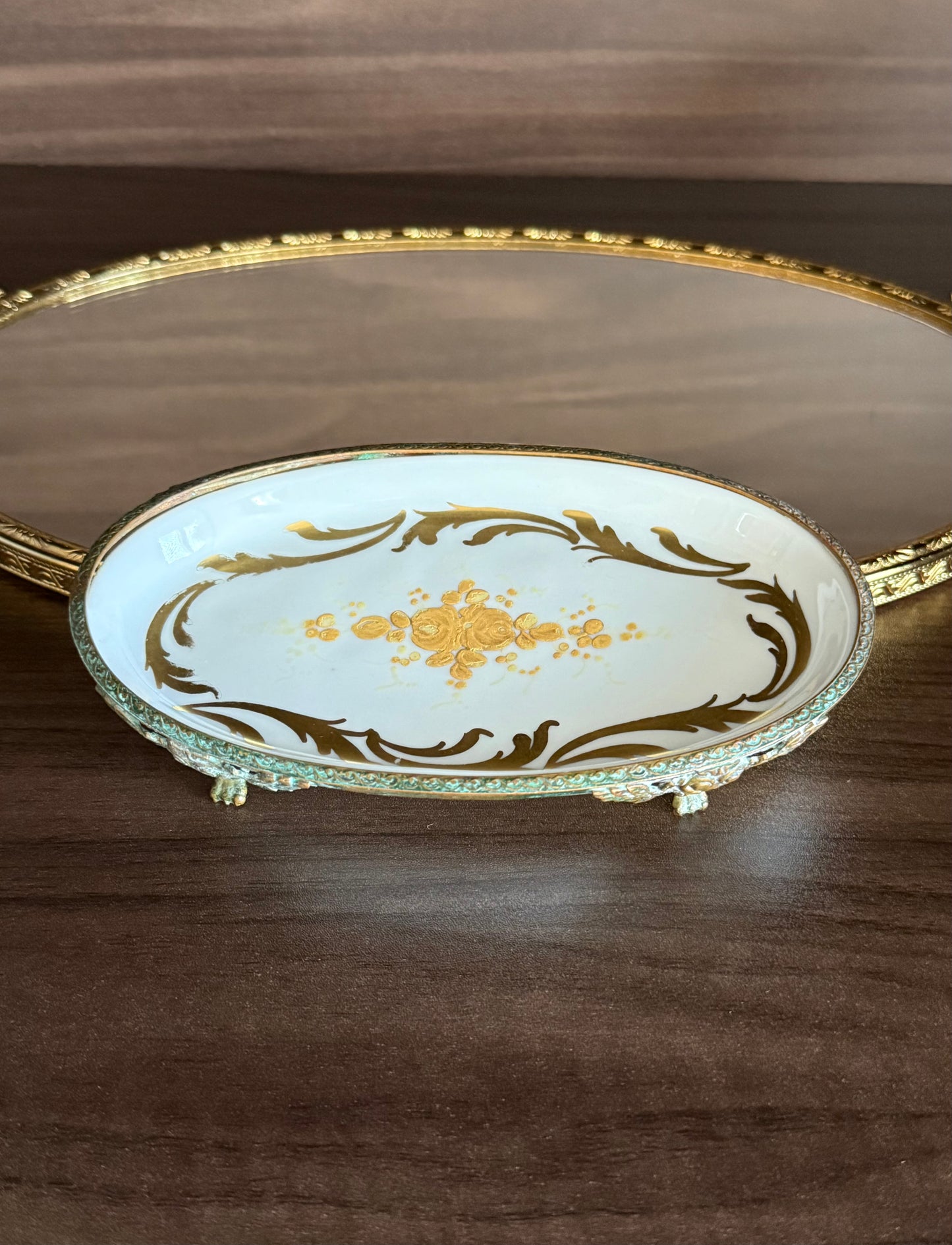 Antique Sévres Style Brass Footed and Hand-painted Oval Porcelain Decorative Soap Dish - Made in France