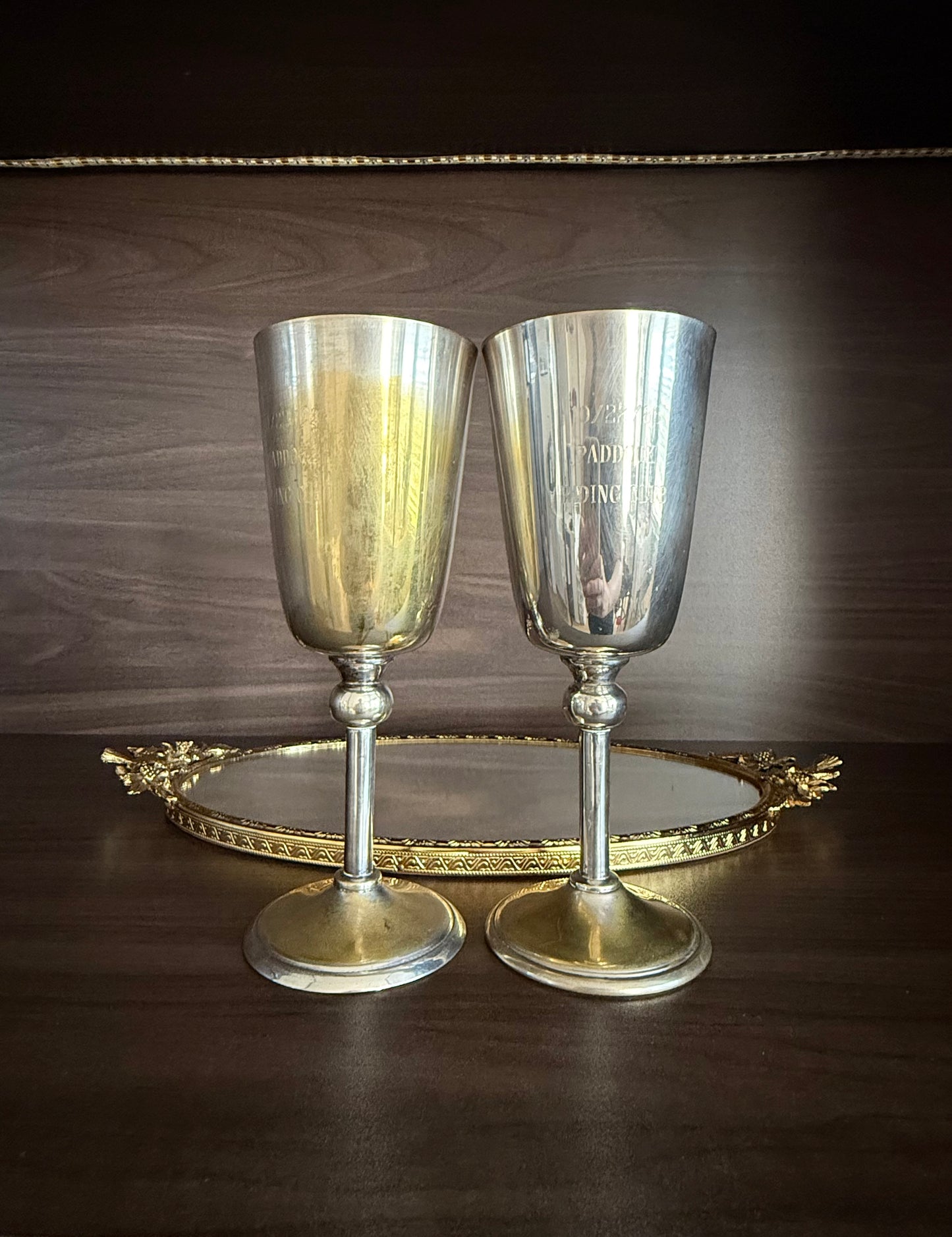 A Pair of Vintage Silver-Plated Wine Glasses with Long Stems and Slightly Flared Tops - these from the estate of Hollywood actor, writer, director, and producer Howard Storm