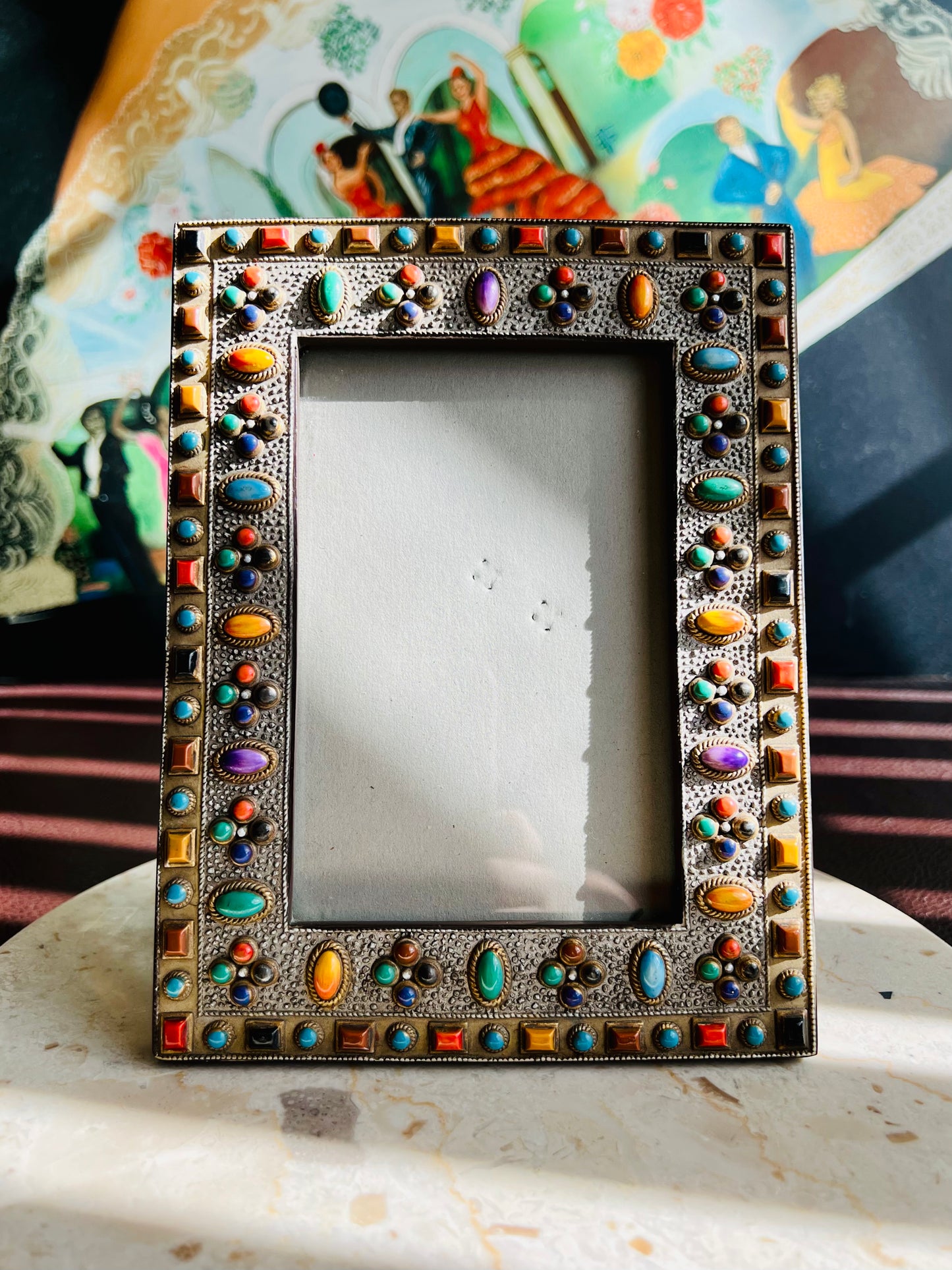 Antique Look Ornate Colorful Semi-Precious Stones in a Vintage Photo Frame from the 80, or 90s