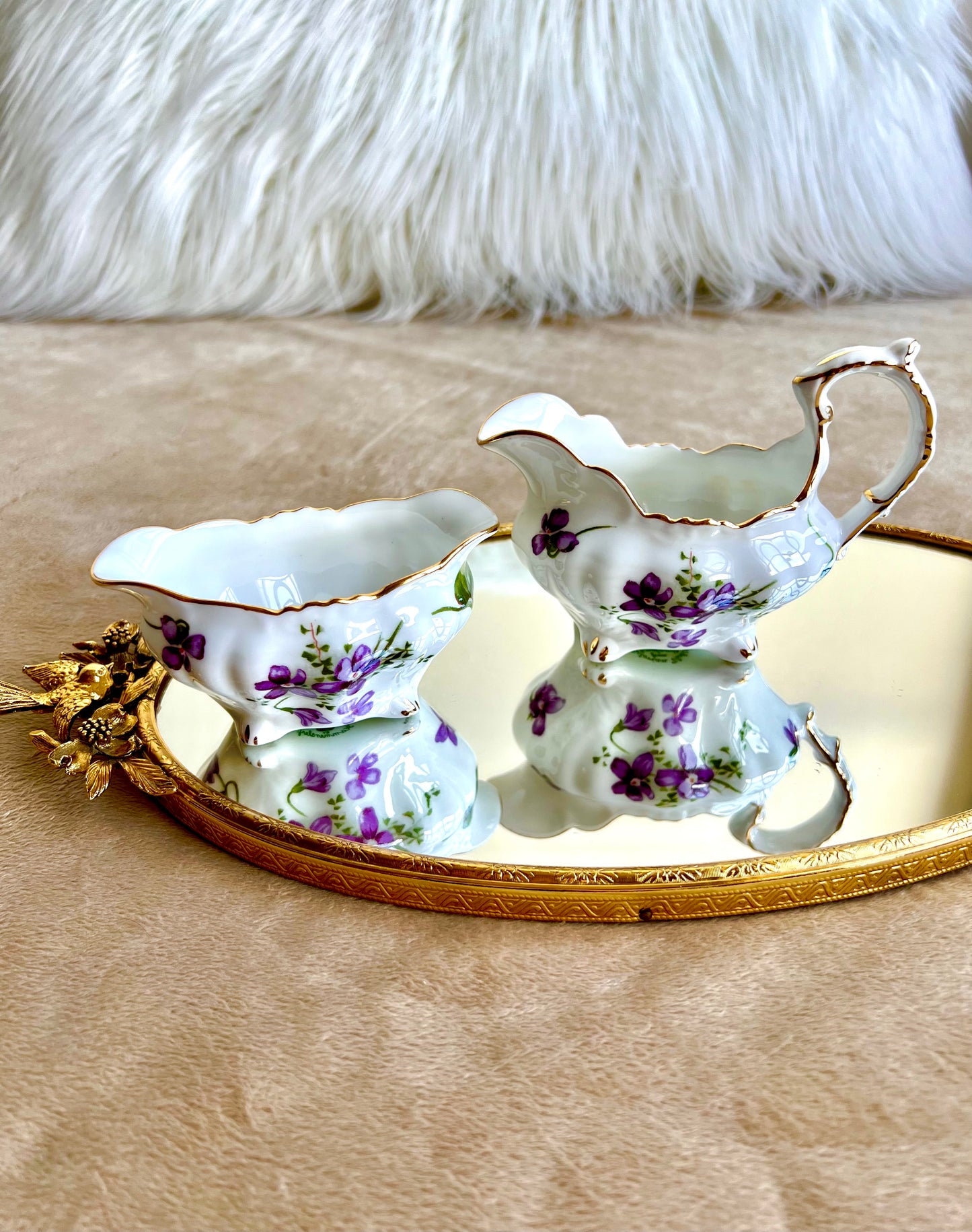 Hammersley Bone China Victorian Violets Creamer And Sugar Bowl Set, Made in England