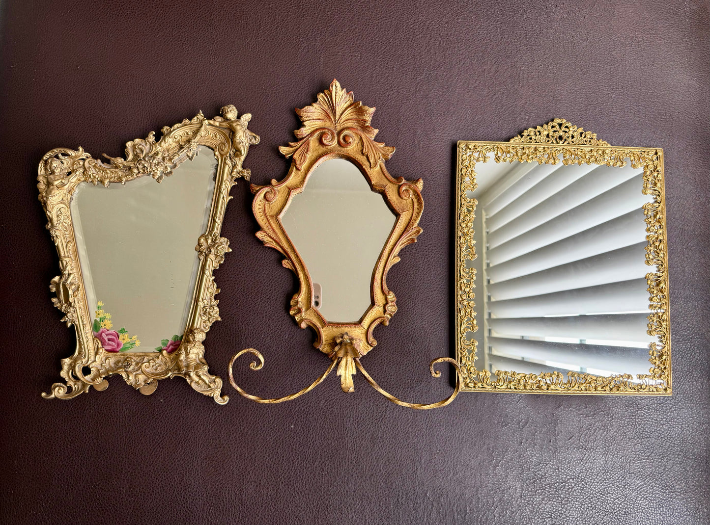Antique Italian Rococo-Style Table Mirror with Gilded Frame, Featuring Putti (cherubs) Decor and Floral Painting
