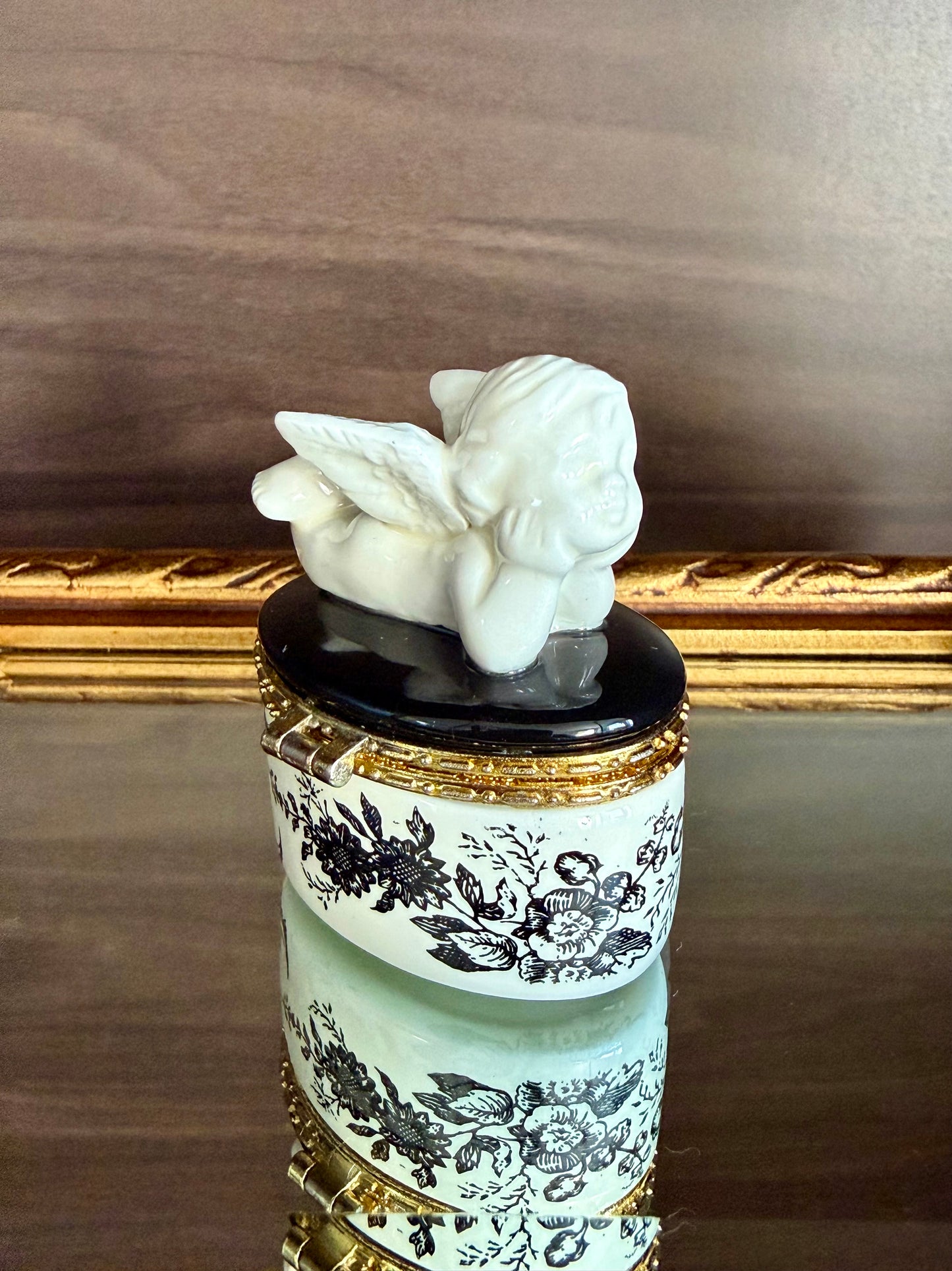 Angel Cherub Black and White Porcelain Vintage Mini Hinged Jewelry, Pill or Trinket Box