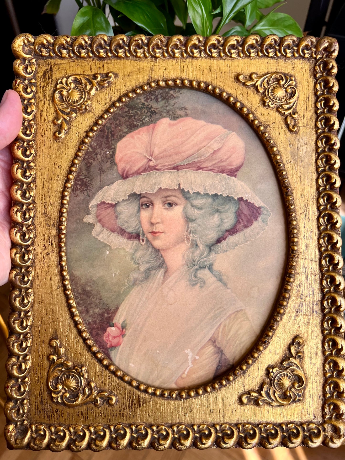 Vintage Gilded Wooden Framed Art, French Paper Portrait of a Victorian Lady with Hat